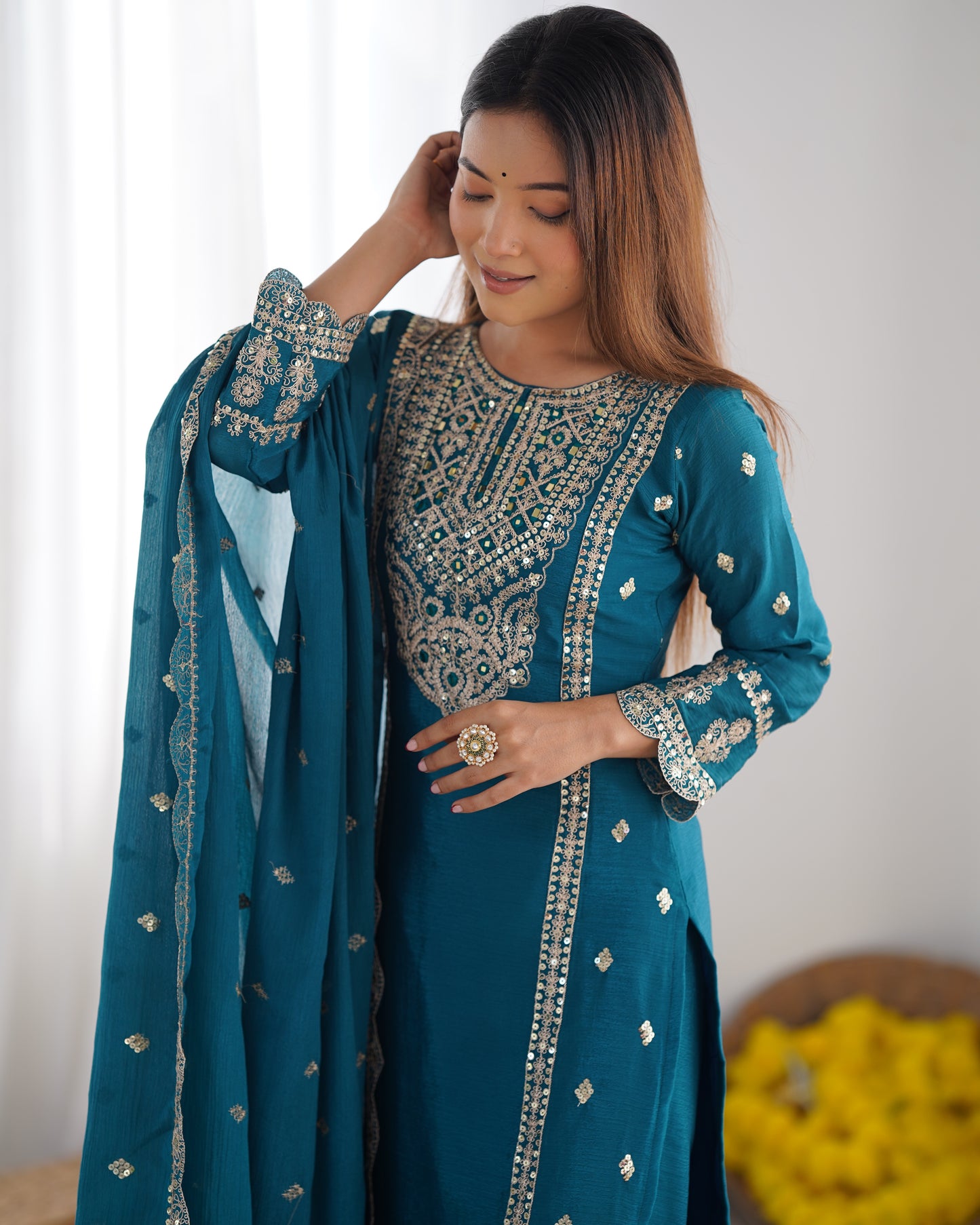 Enamoring Teal Blue Chinon Silk Sequins Embroidered Straight Suit