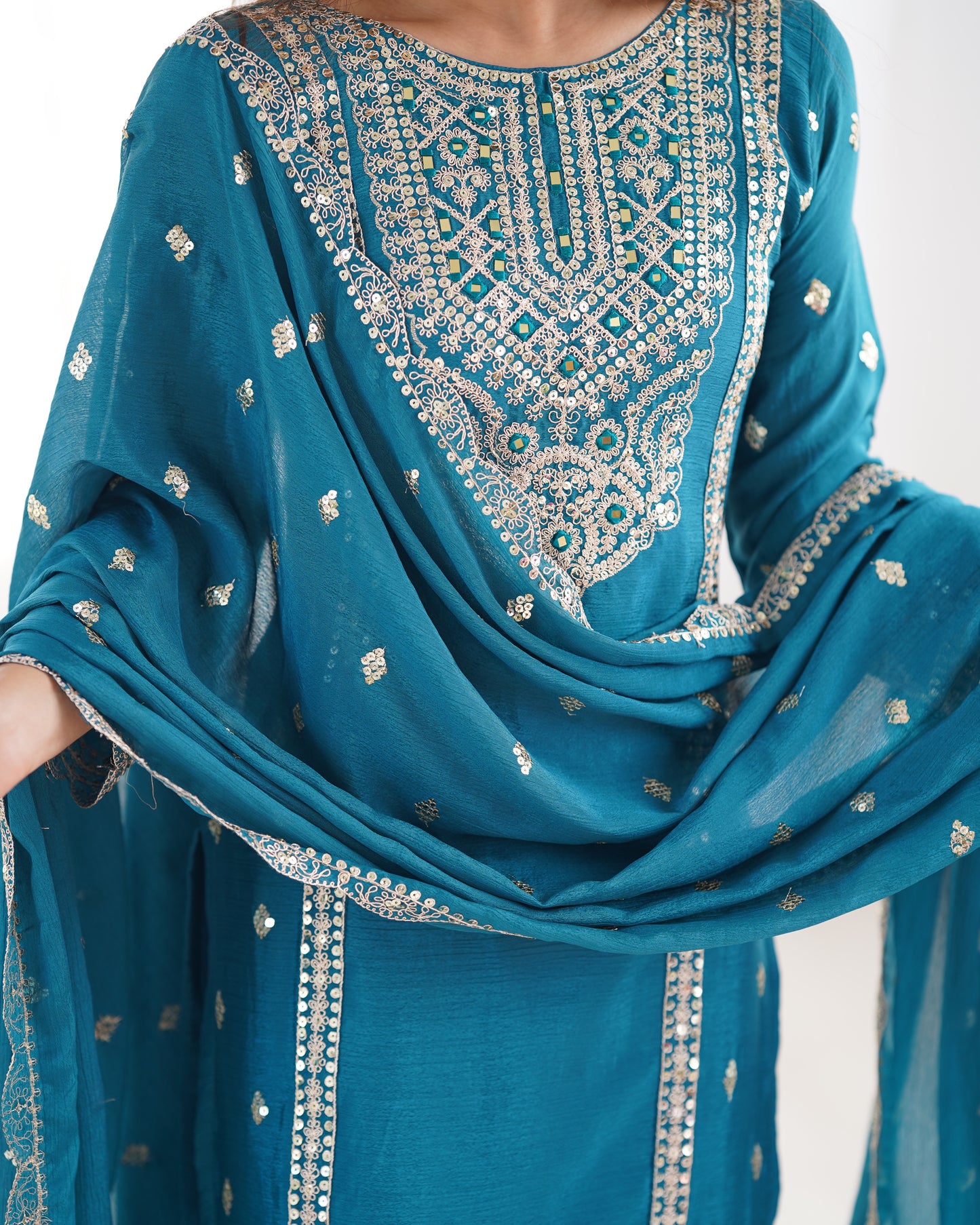 Enamoring Teal Blue Chinon Silk Sequins Embroidered Straight Suit