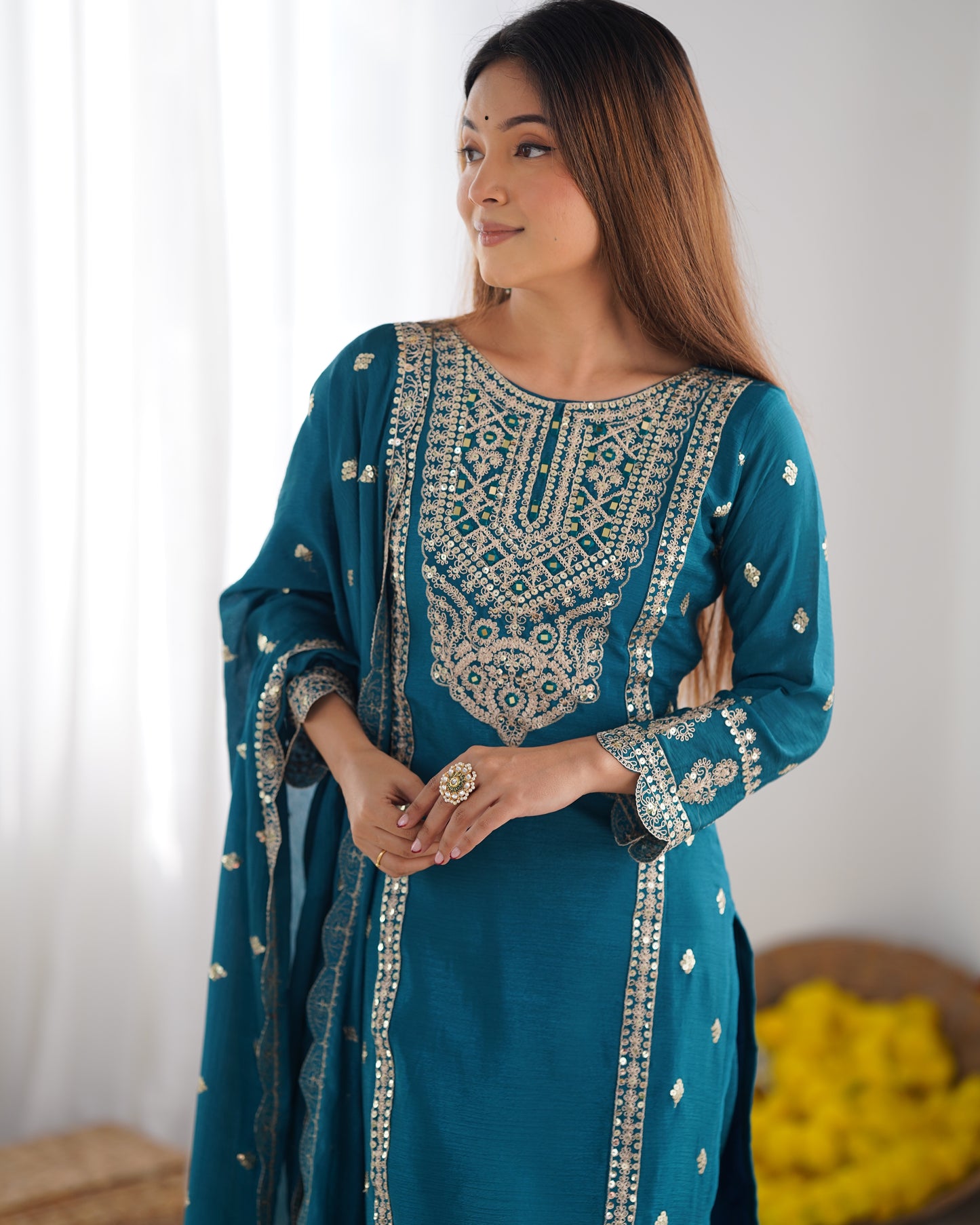 Enamoring Teal Blue Chinon Silk Sequins Embroidered Straight Suit