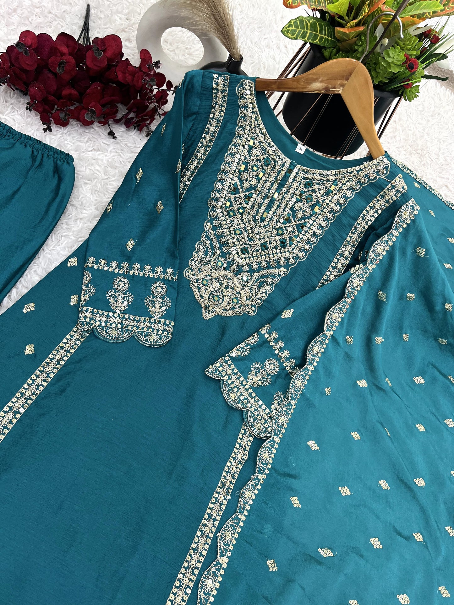 Enamoring Teal Blue Chinon Silk Sequins Embroidered Straight Suit