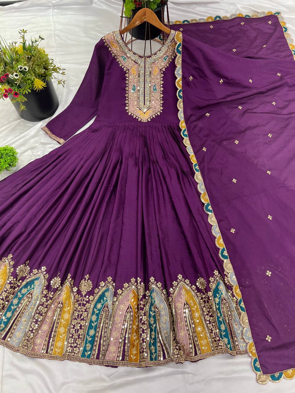 Graceful Embroidered Chinon Silk Fully Stitched Gown With Dupatta - INDIAN ELEGANCE