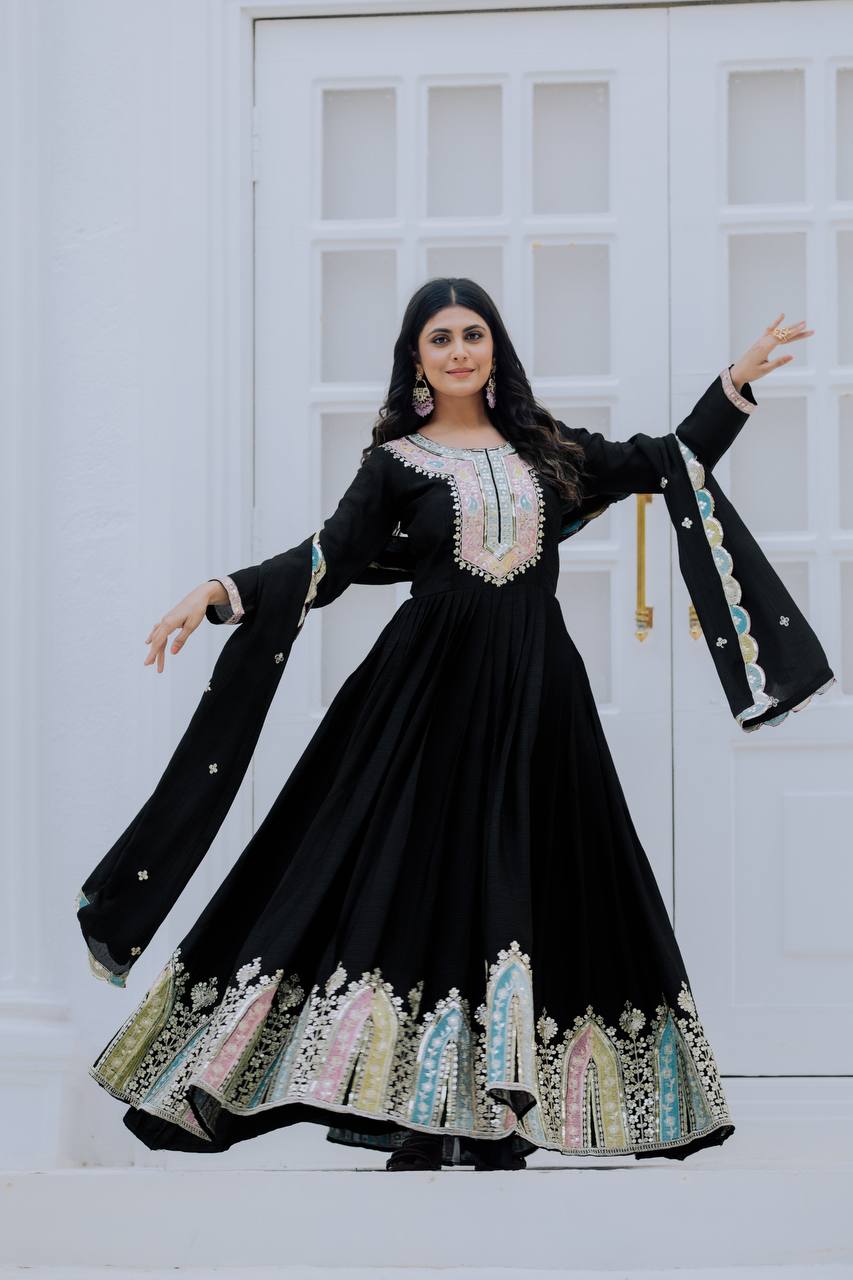 Graceful Embroidered Chinon Silk Fully Stitched Gown With Dupatta - INDIAN ELEGANCE