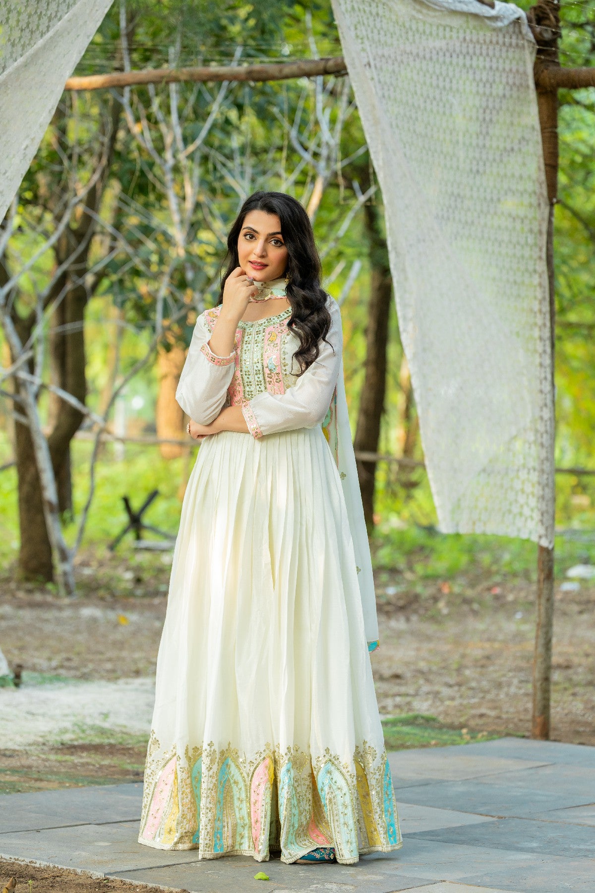 Graceful Embroidered Chinon Silk Fully Stitched Gown With Dupatta - INDIAN ELEGANCE
