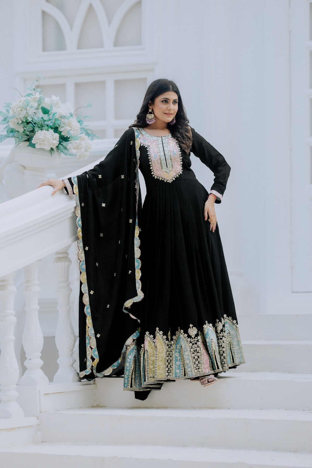 Graceful Embroidered Chinon Silk Fully Stitched Gown With Dupatta - INDIAN ELEGANCE