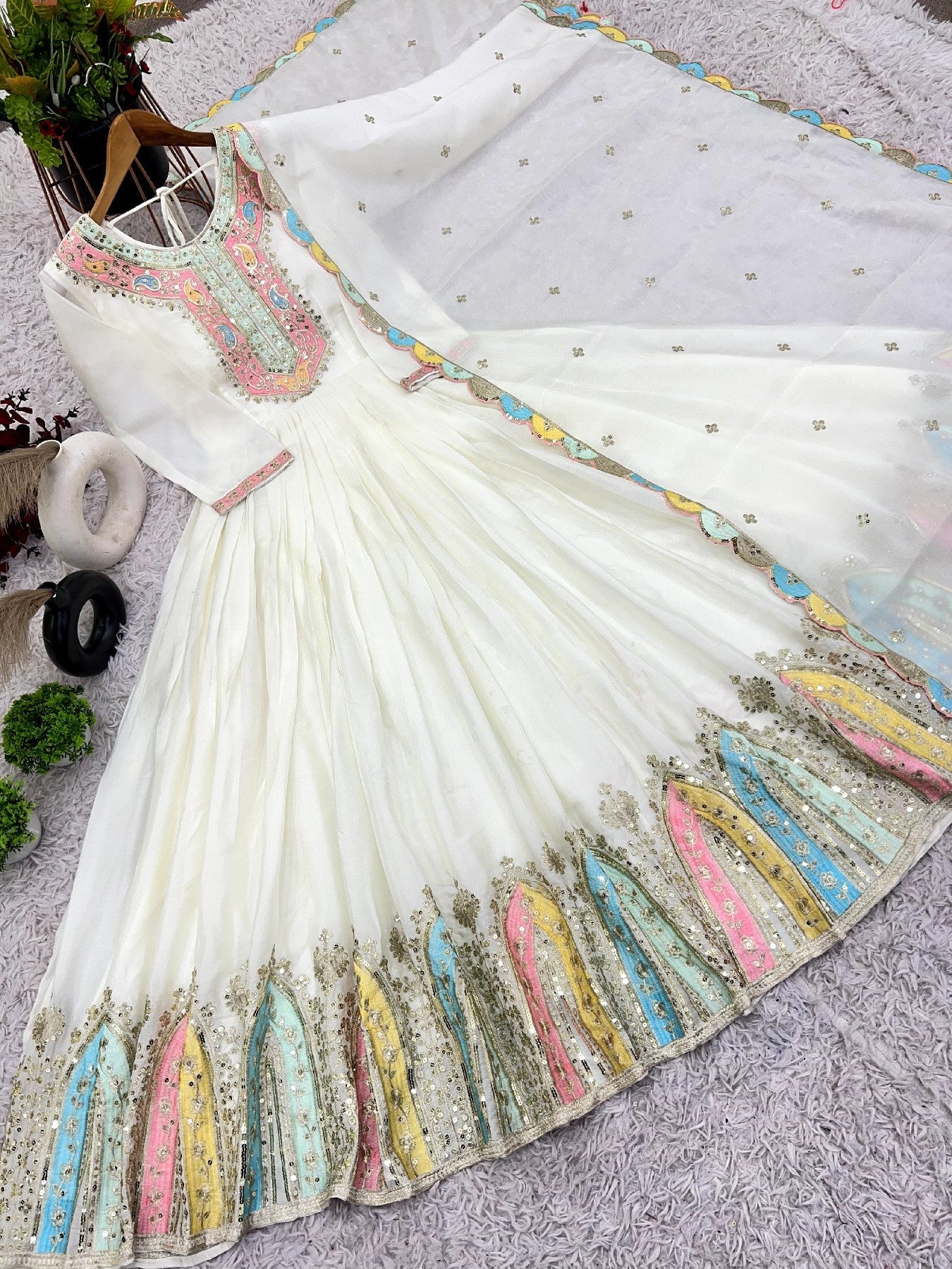Graceful Embroidered Chinon Silk Fully Stitched Gown With Dupatta - INDIAN ELEGANCE