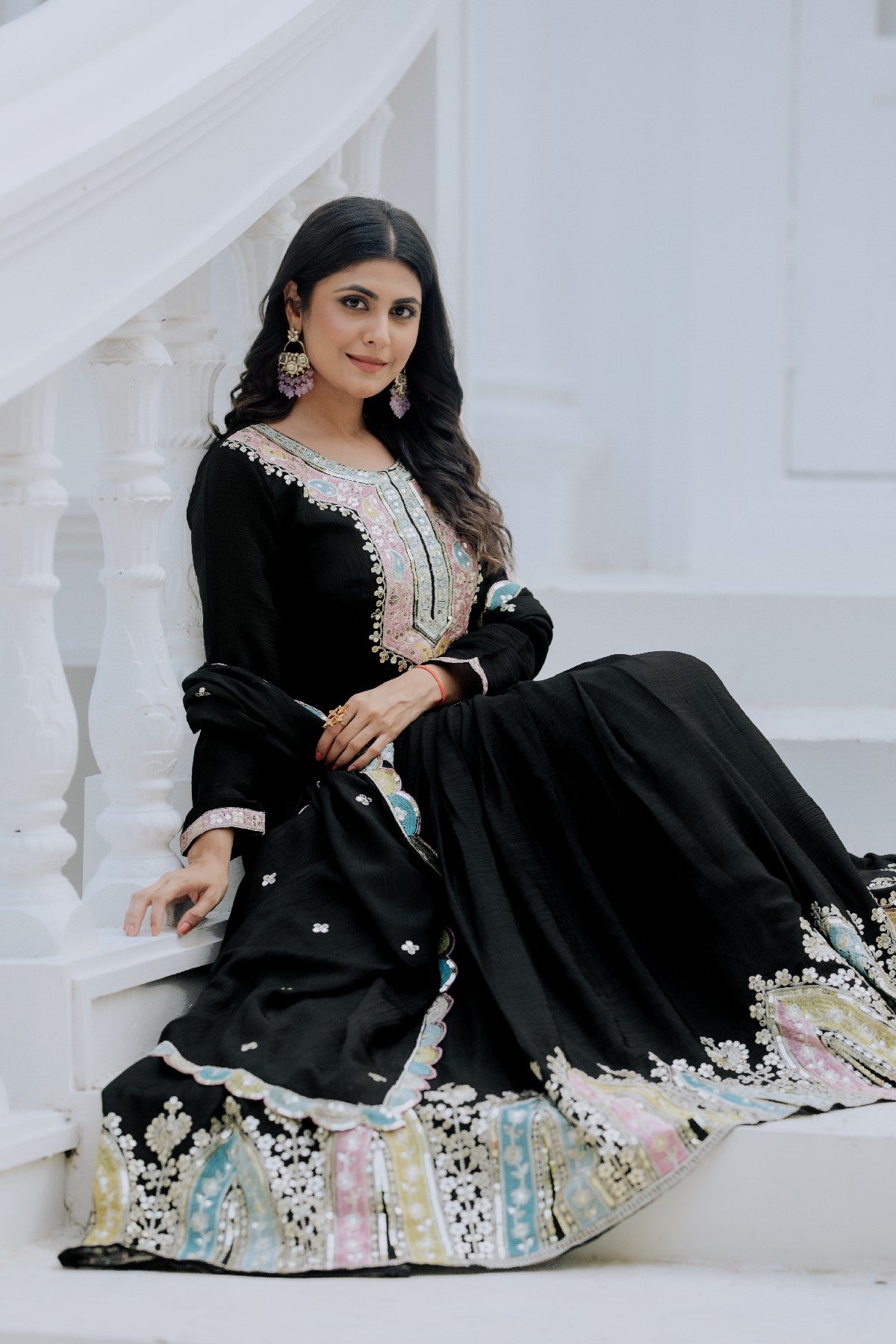 Graceful Embroidered Chinon Silk Fully Stitched Gown With Dupatta - INDIAN ELEGANCE