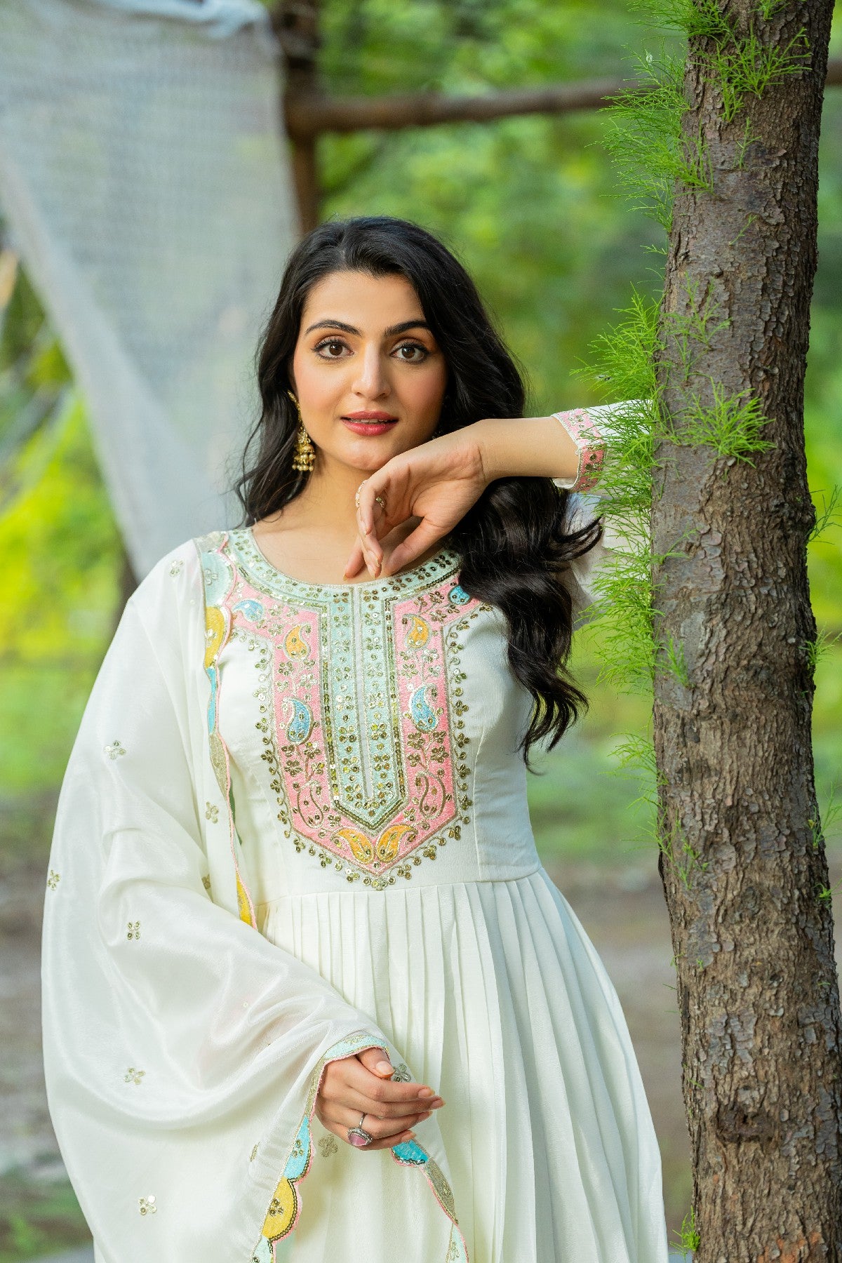 Graceful Embroidered Chinon Silk Fully Stitched Gown With Dupatta - INDIAN ELEGANCE