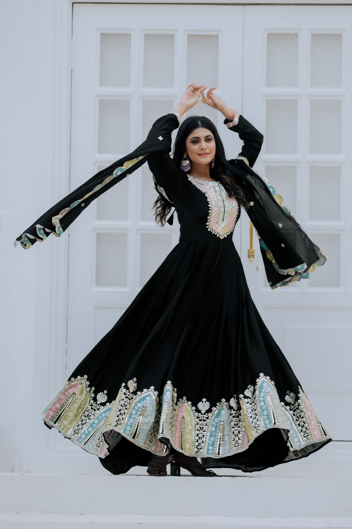 Graceful Embroidered Chinon Silk Fully Stitched Gown With Dupatta - INDIAN ELEGANCE