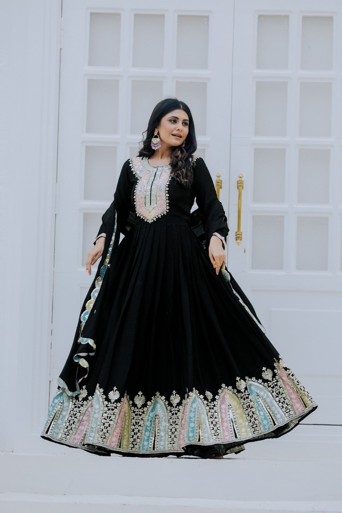 Graceful Embroidered Chinon Silk Fully Stitched Gown With Dupatta - INDIAN ELEGANCE