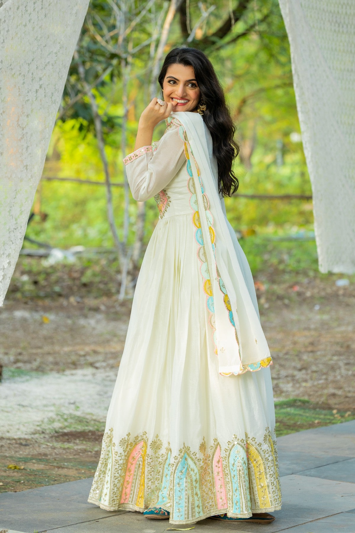Graceful Embroidered Chinon Silk Fully Stitched Gown With Dupatta - INDIAN ELEGANCE