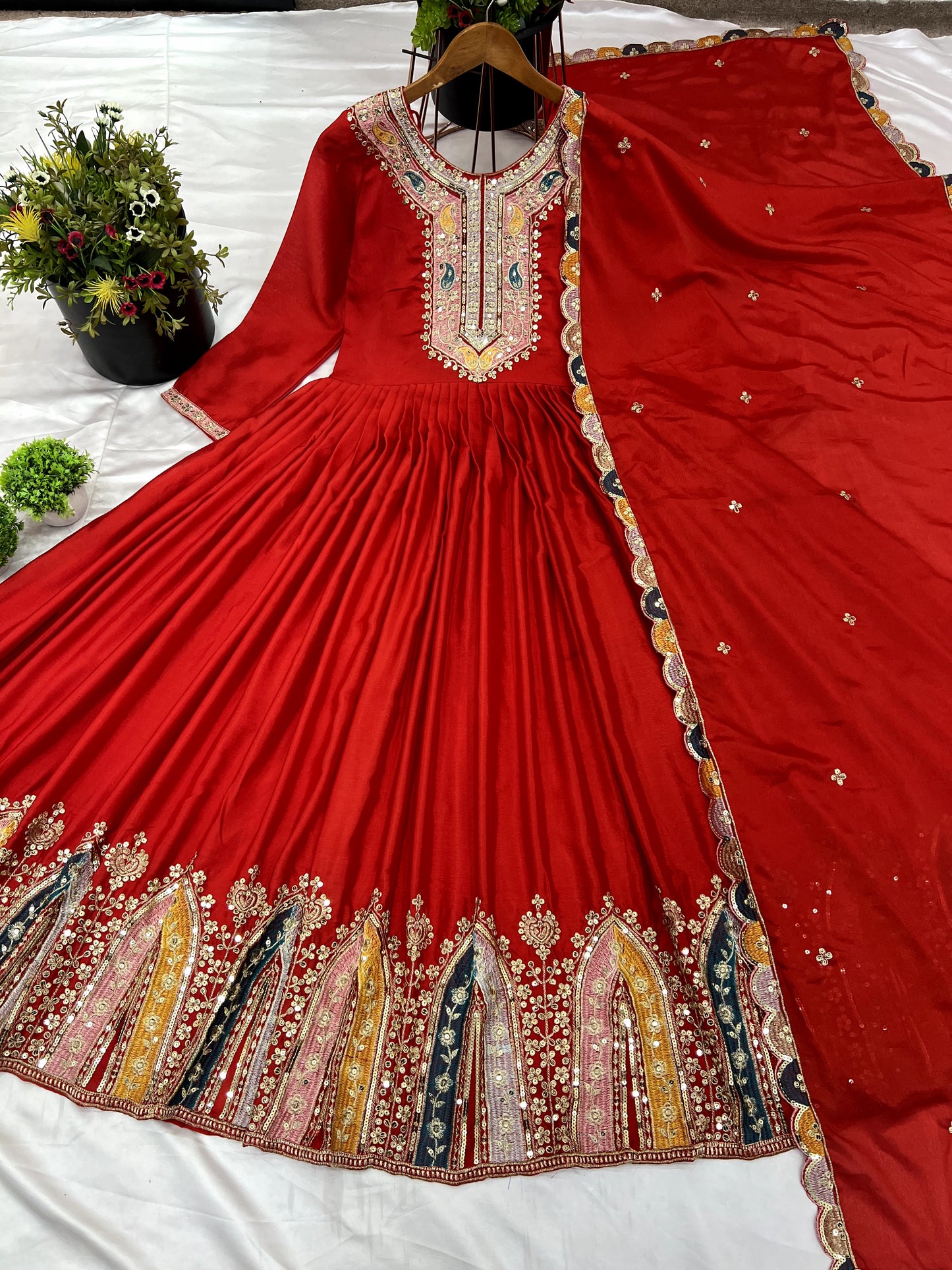 Graceful Embroidered Chinon Silk Fully Stitched Gown With Dupatta - INDIAN ELEGANCE
