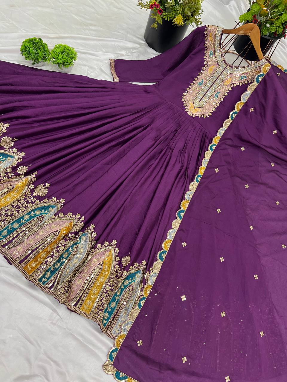 Graceful Embroidered Chinon Silk Fully Stitched Gown With Dupatta - INDIAN ELEGANCE