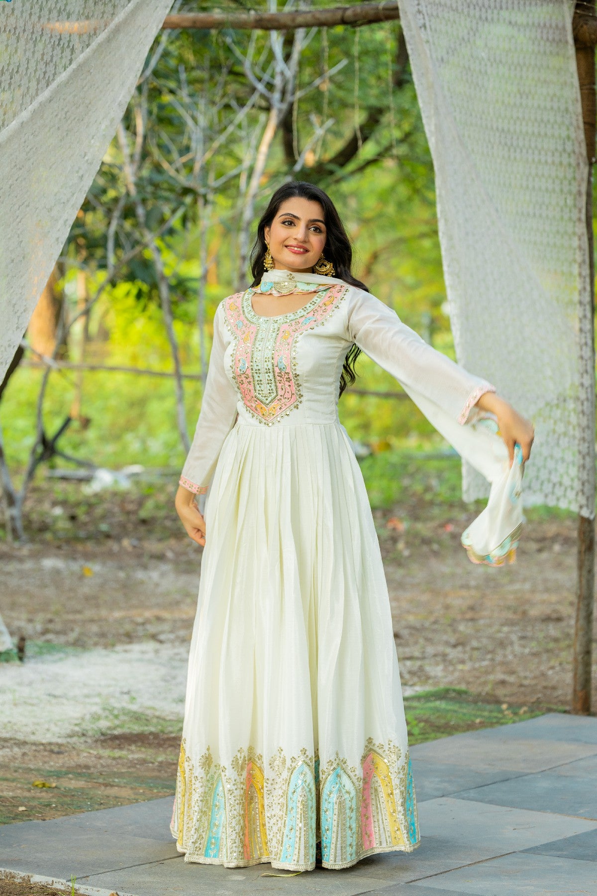 Graceful Embroidered Chinon Silk Fully Stitched Gown With Dupatta - INDIAN ELEGANCE