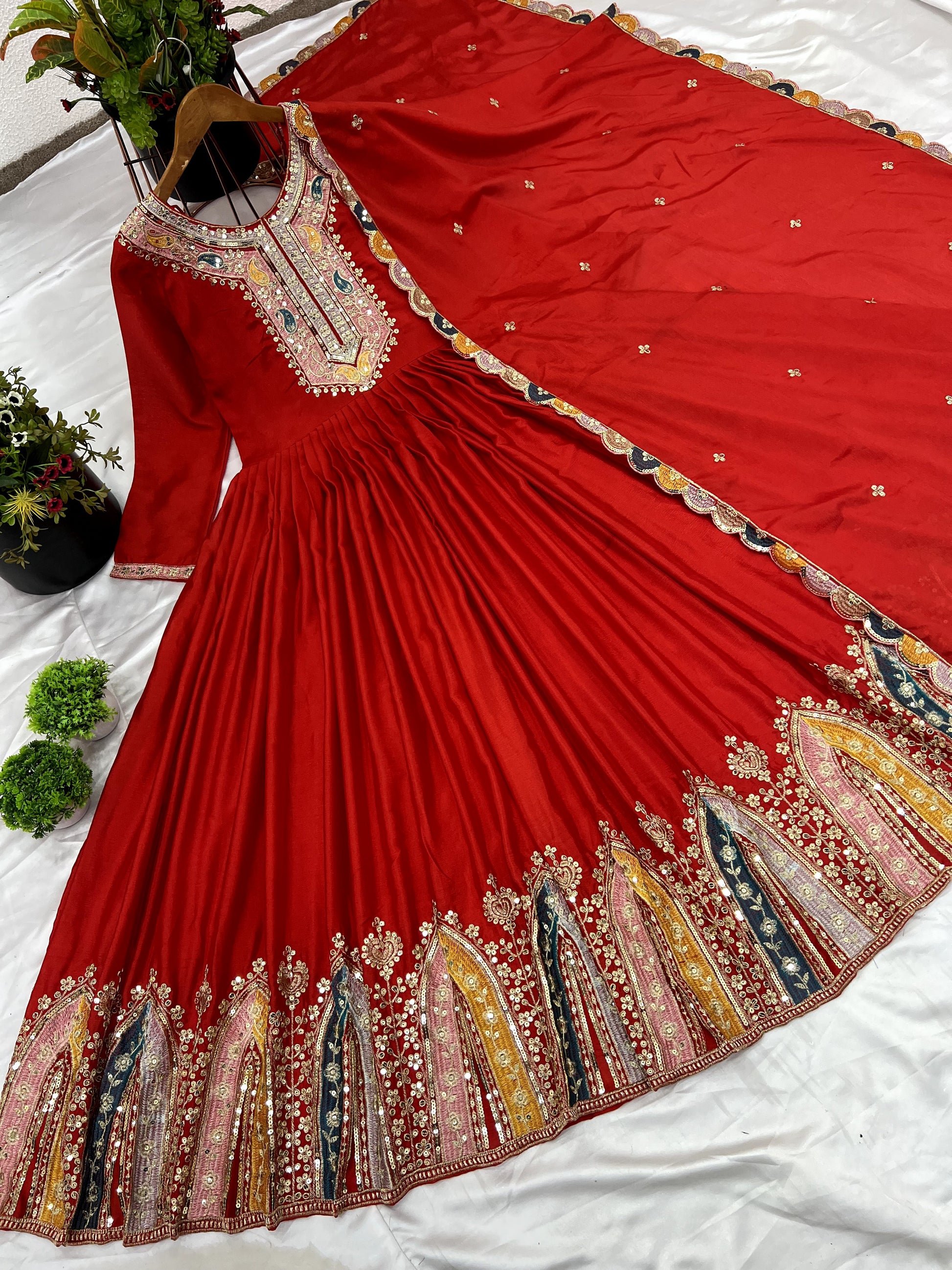 Graceful Embroidered Chinon Silk Fully Stitched Gown With Dupatta - INDIAN ELEGANCE