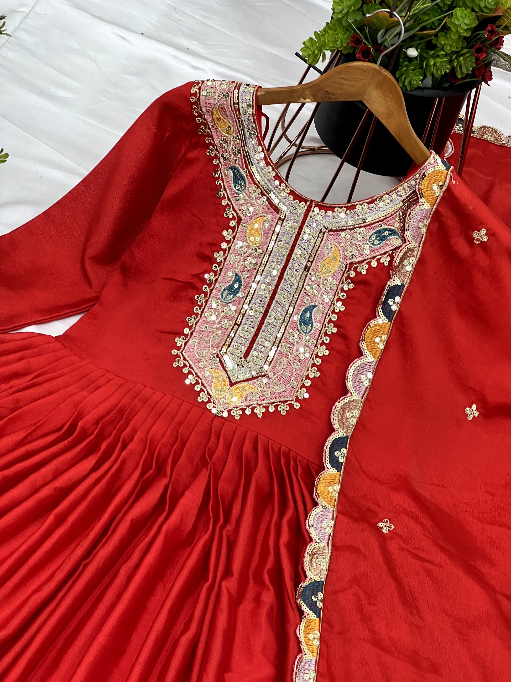 Graceful Embroidered Chinon Silk Fully Stitched Gown With Dupatta - INDIAN ELEGANCE