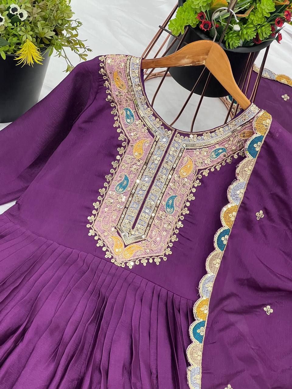 Graceful Embroidered Chinon Silk Fully Stitched Gown With Dupatta - INDIAN ELEGANCE