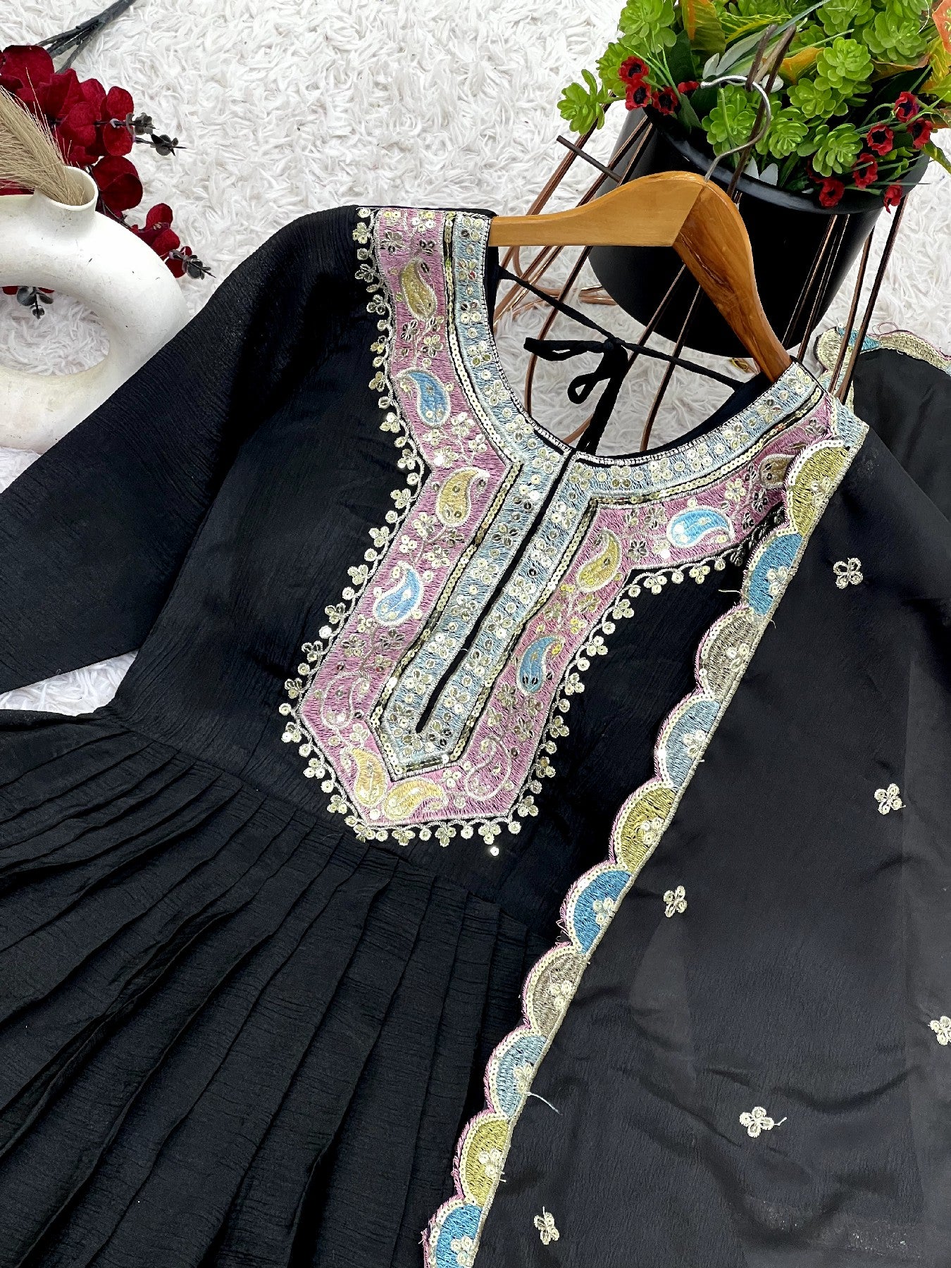 Graceful Embroidered Chinon Silk Fully Stitched Gown With Dupatta - INDIAN ELEGANCE