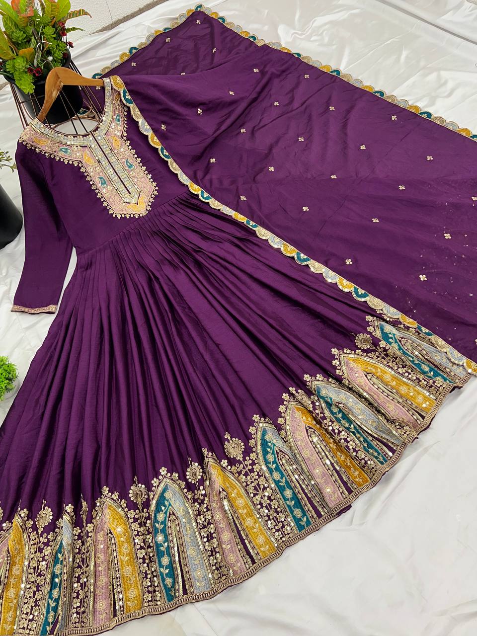 Graceful Embroidered Chinon Silk Fully Stitched Gown With Dupatta - INDIAN ELEGANCE