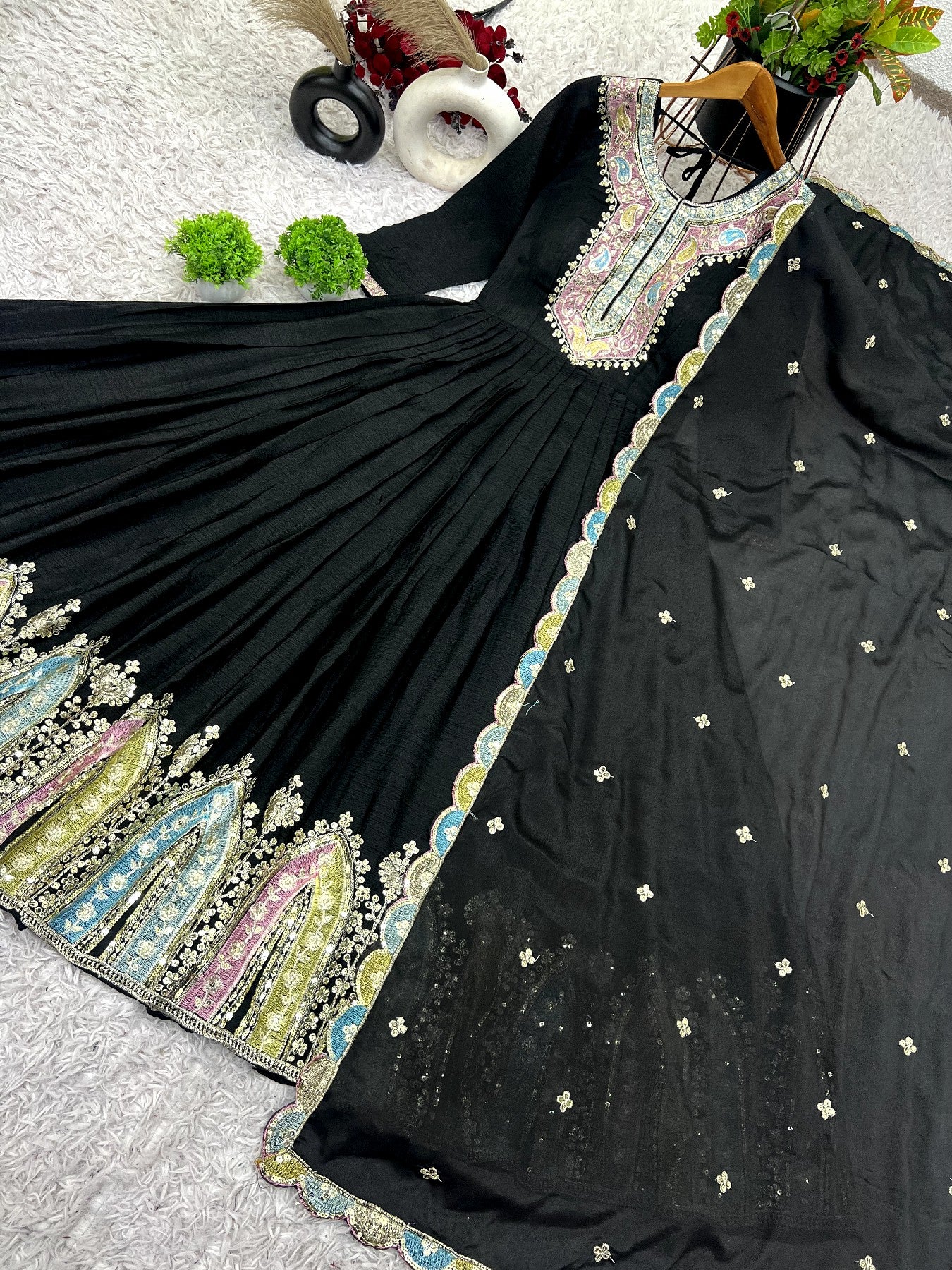 Graceful Embroidered Chinon Silk Fully Stitched Gown With Dupatta - INDIAN ELEGANCE