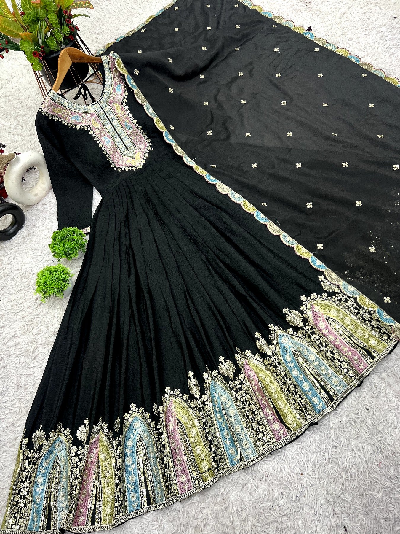 Graceful Embroidered Chinon Silk Fully Stitched Gown With Dupatta - INDIAN ELEGANCE