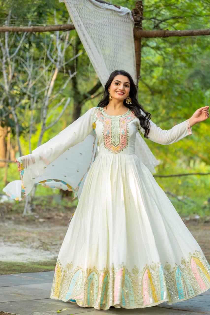 Graceful Embroidered Chinon Silk Fully Stitched Gown With Dupatta - INDIAN ELEGANCE
