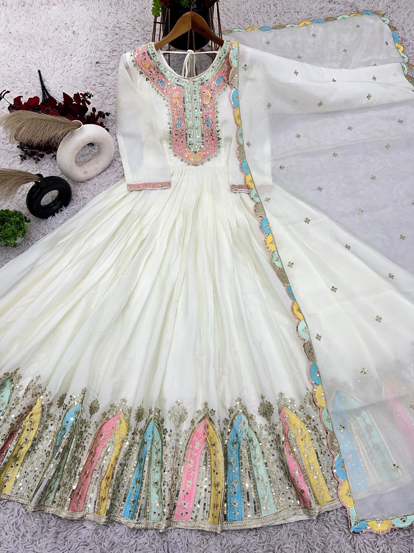 Graceful Embroidered Chinon Silk Fully Stitched Gown With Dupatta - INDIAN ELEGANCE