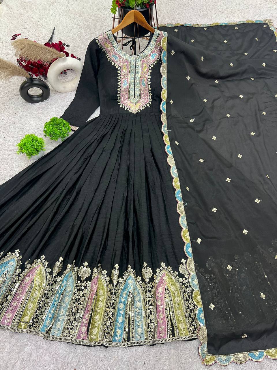 Graceful Embroidered Chinon Silk Fully Stitched Gown With Dupatta - INDIAN ELEGANCE