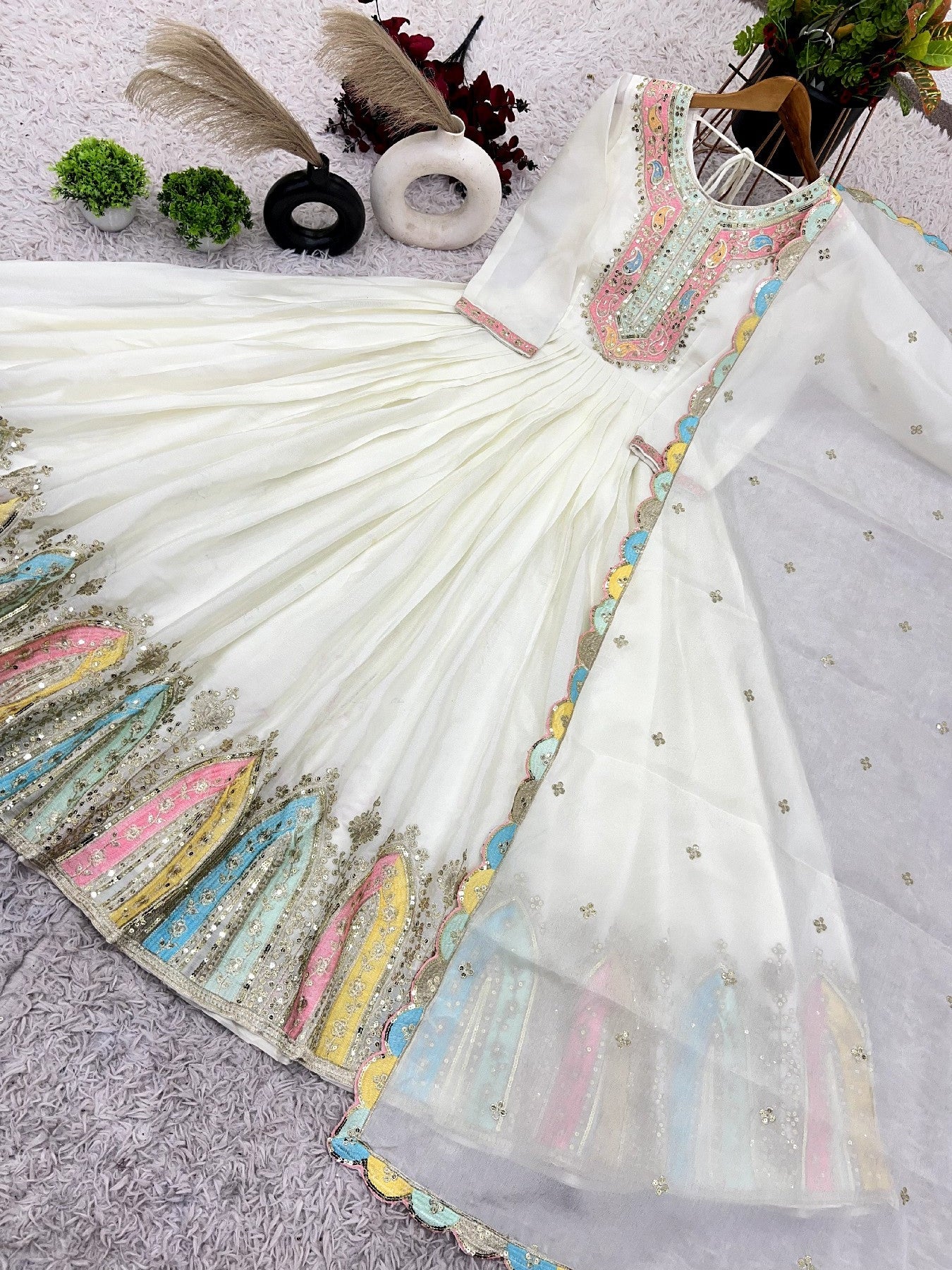 Graceful Embroidered Chinon Silk Fully Stitched Gown With Dupatta - INDIAN ELEGANCE