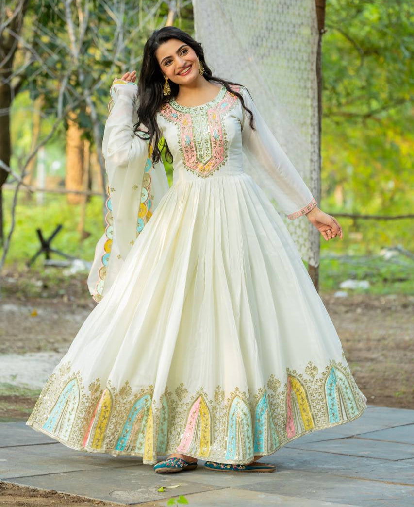 Graceful Embroidered Chinon Silk Fully Stitched Gown With Dupatta - INDIAN ELEGANCE