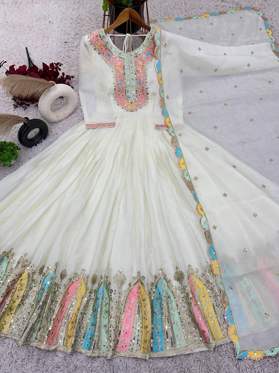 Graceful Embroidered Chinon Silk Fully Stitched Gown With Dupatta - INDIAN ELEGANCE