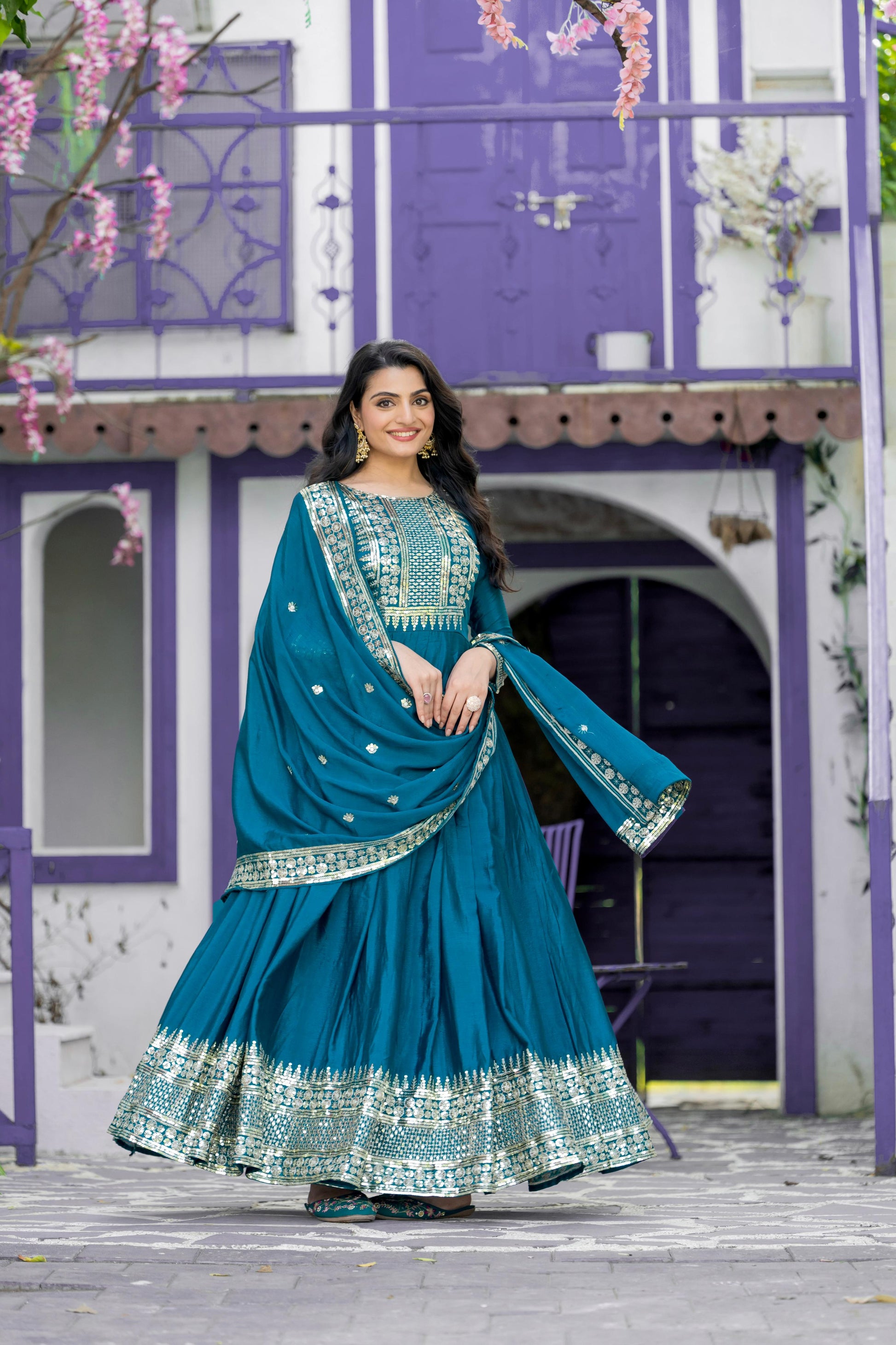 Divine Rama Chinon Silk Sequins Embroidered Gown With Dupatta - INDIAN ELEGANCE