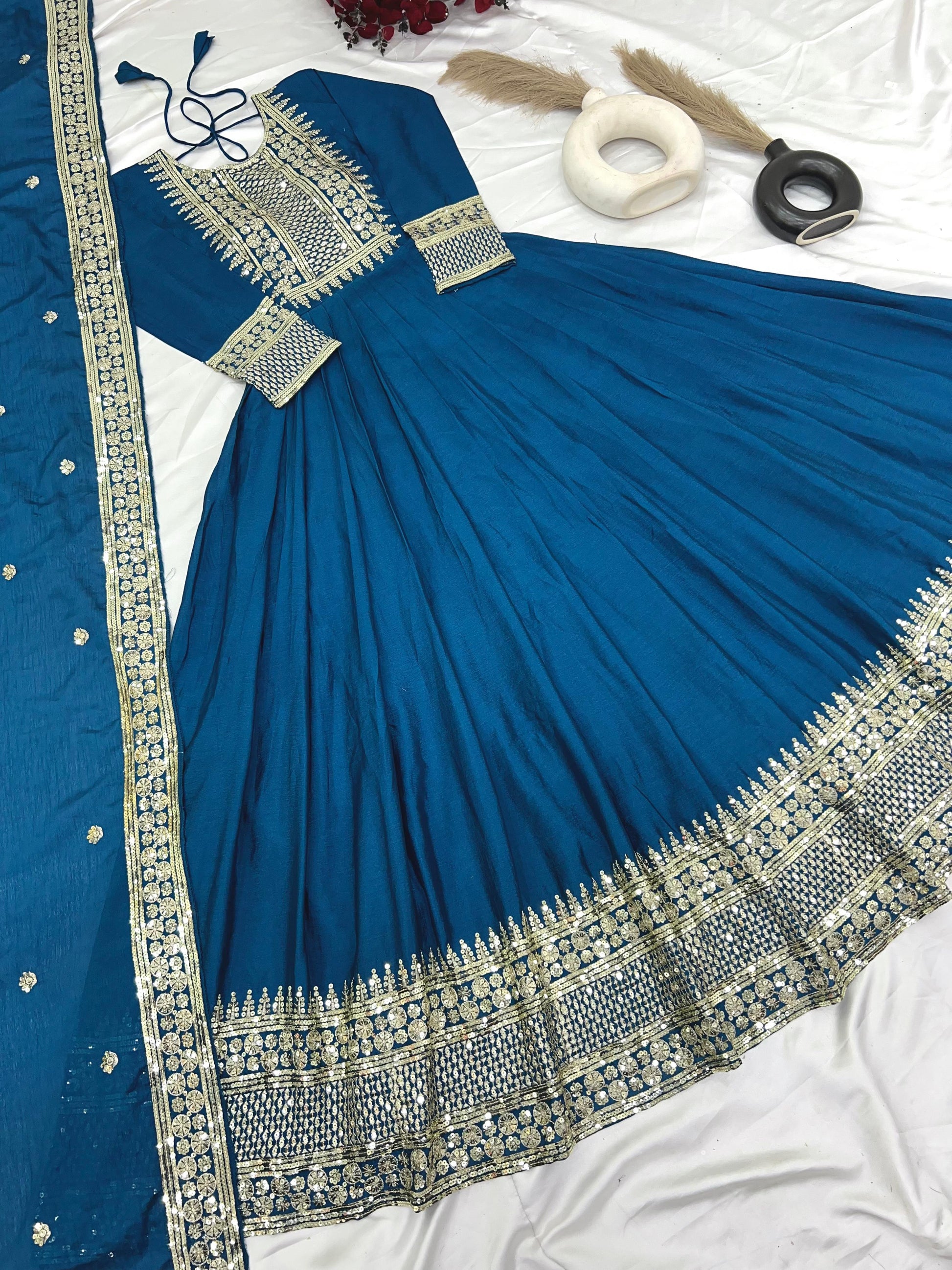 Divine Rama Chinon Silk Sequins Embroidered Gown With Dupatta - INDIAN ELEGANCE
