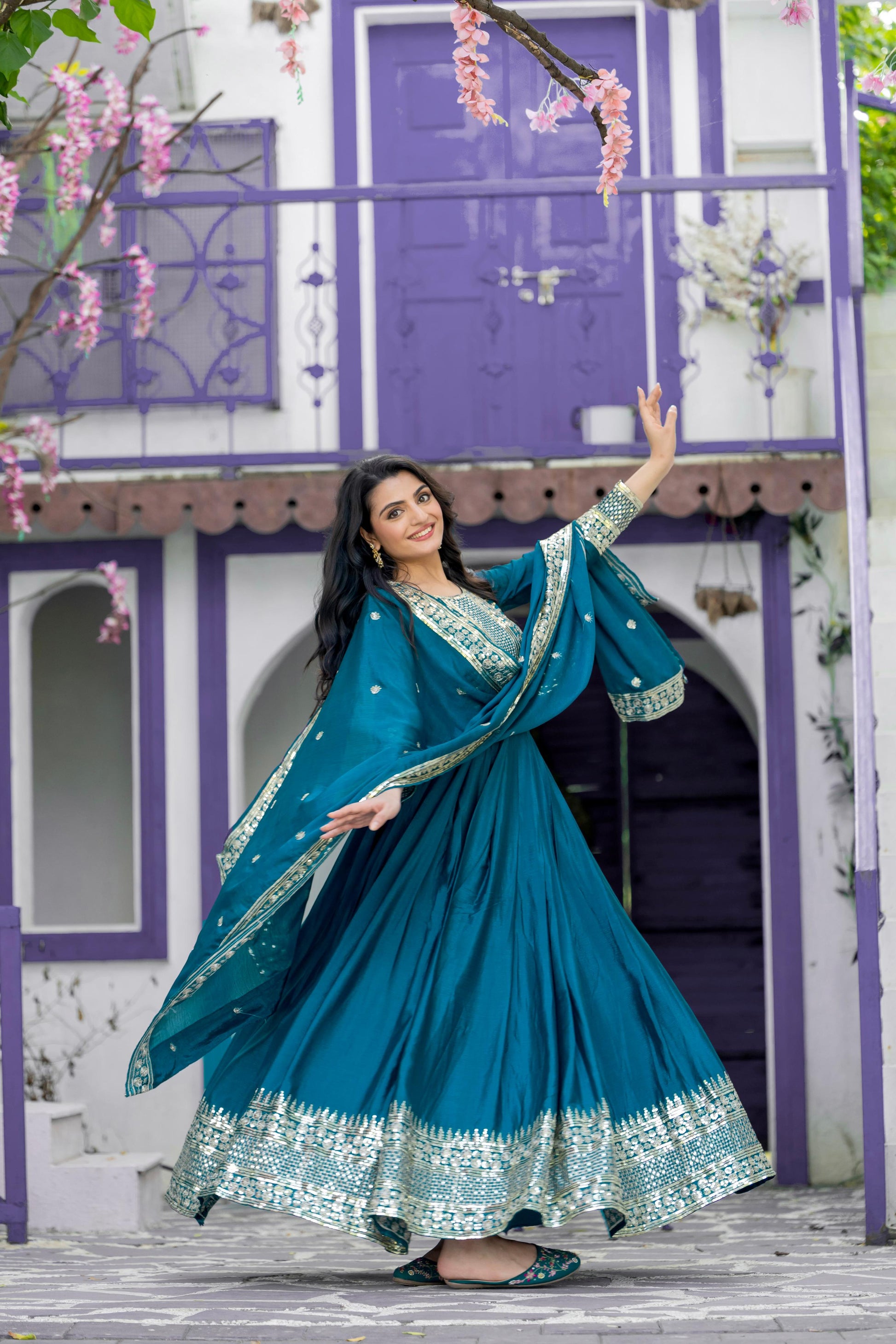 Divine Rama Chinon Silk Sequins Embroidered Gown With Dupatta - INDIAN ELEGANCE