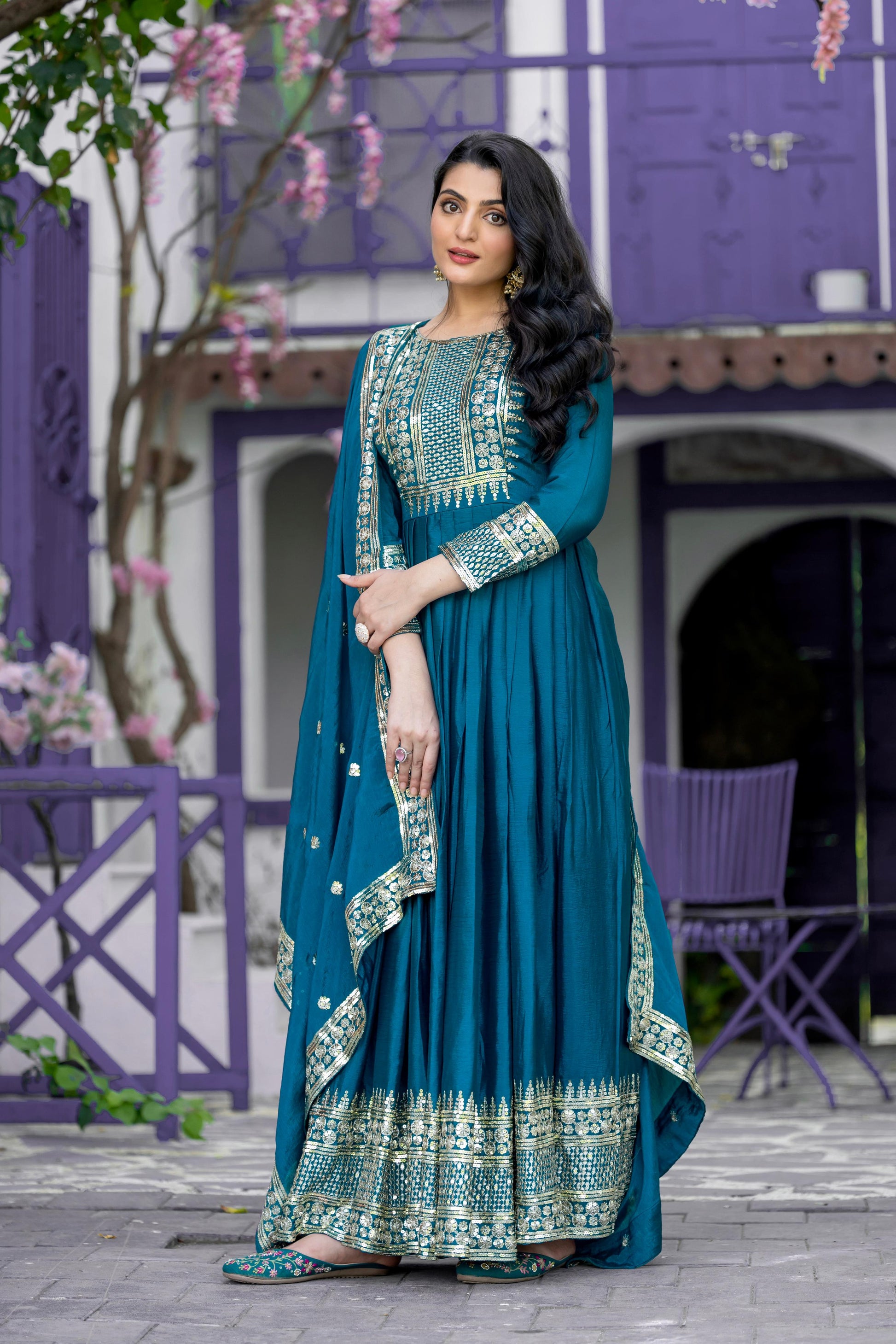 Divine Rama Chinon Silk Sequins Embroidered Gown With Dupatta - INDIAN ELEGANCE