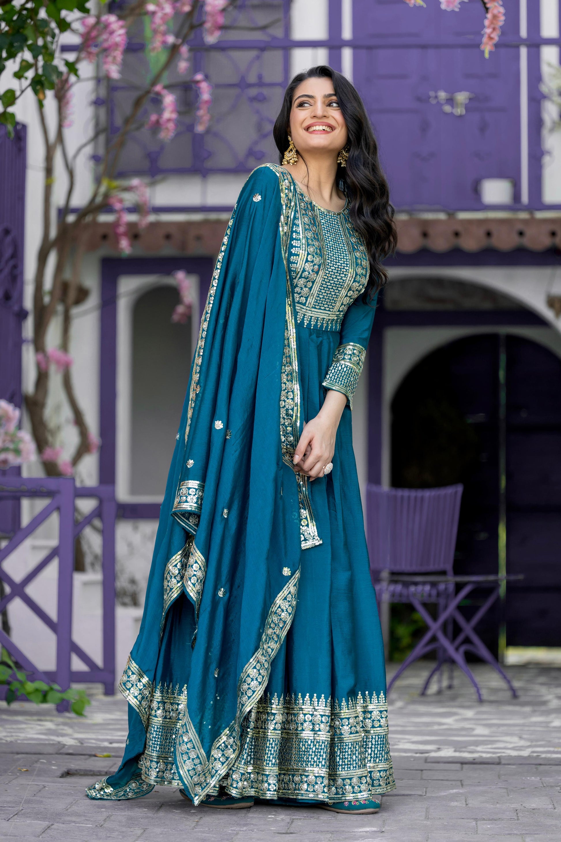 Divine Rama Chinon Silk Sequins Embroidered Gown With Dupatta - INDIAN ELEGANCE