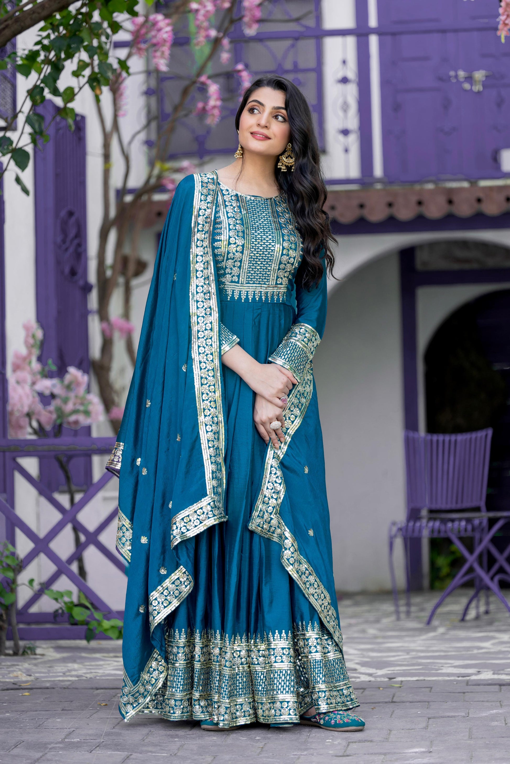Divine Rama Chinon Silk Sequins Embroidered Gown With Dupatta - INDIAN ELEGANCE