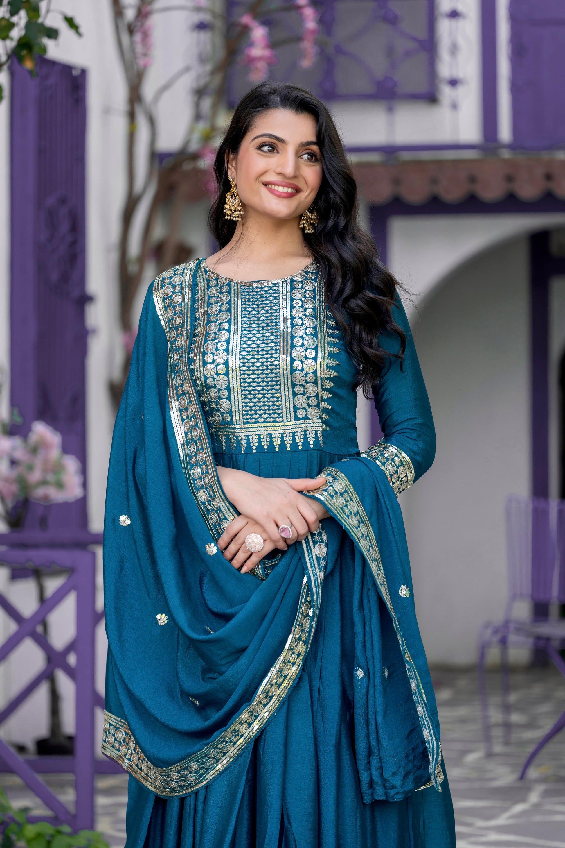 Divine Rama Chinon Silk Sequins Embroidered Gown With Dupatta - INDIAN ELEGANCE