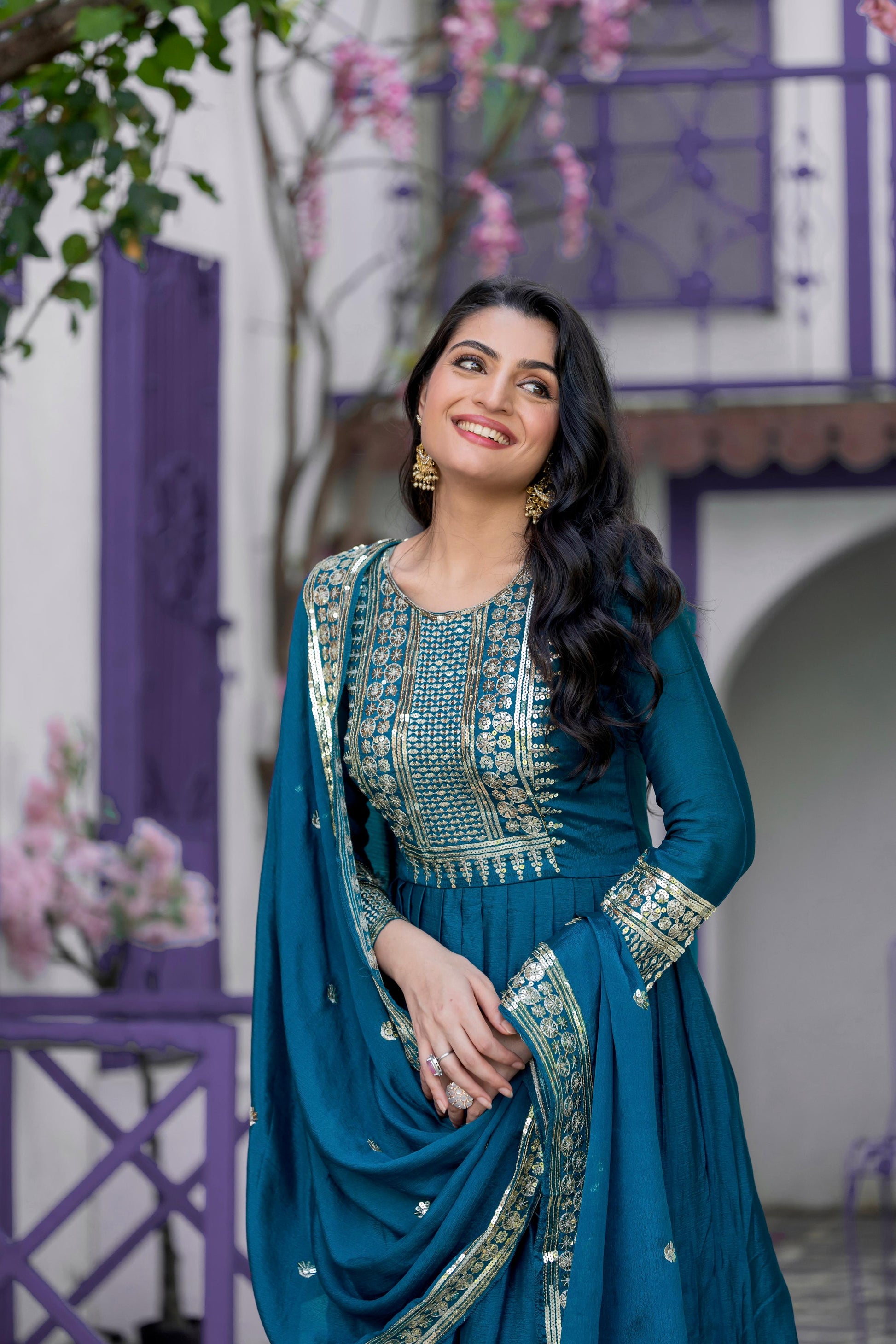 Divine Rama Chinon Silk Sequins Embroidered Gown With Dupatta - INDIAN ELEGANCE