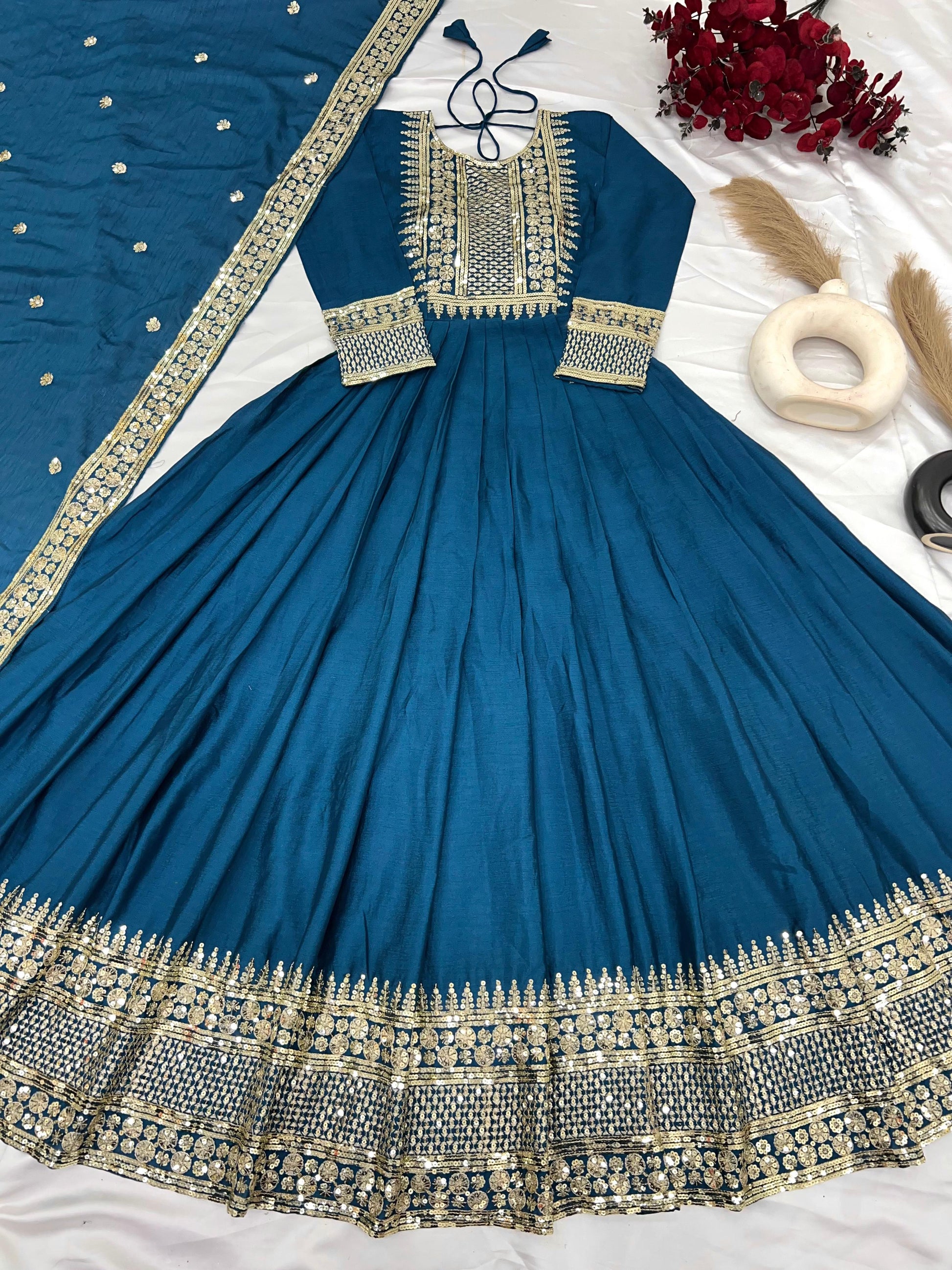 Divine Rama Chinon Silk Sequins Embroidered Gown With Dupatta - INDIAN ELEGANCE