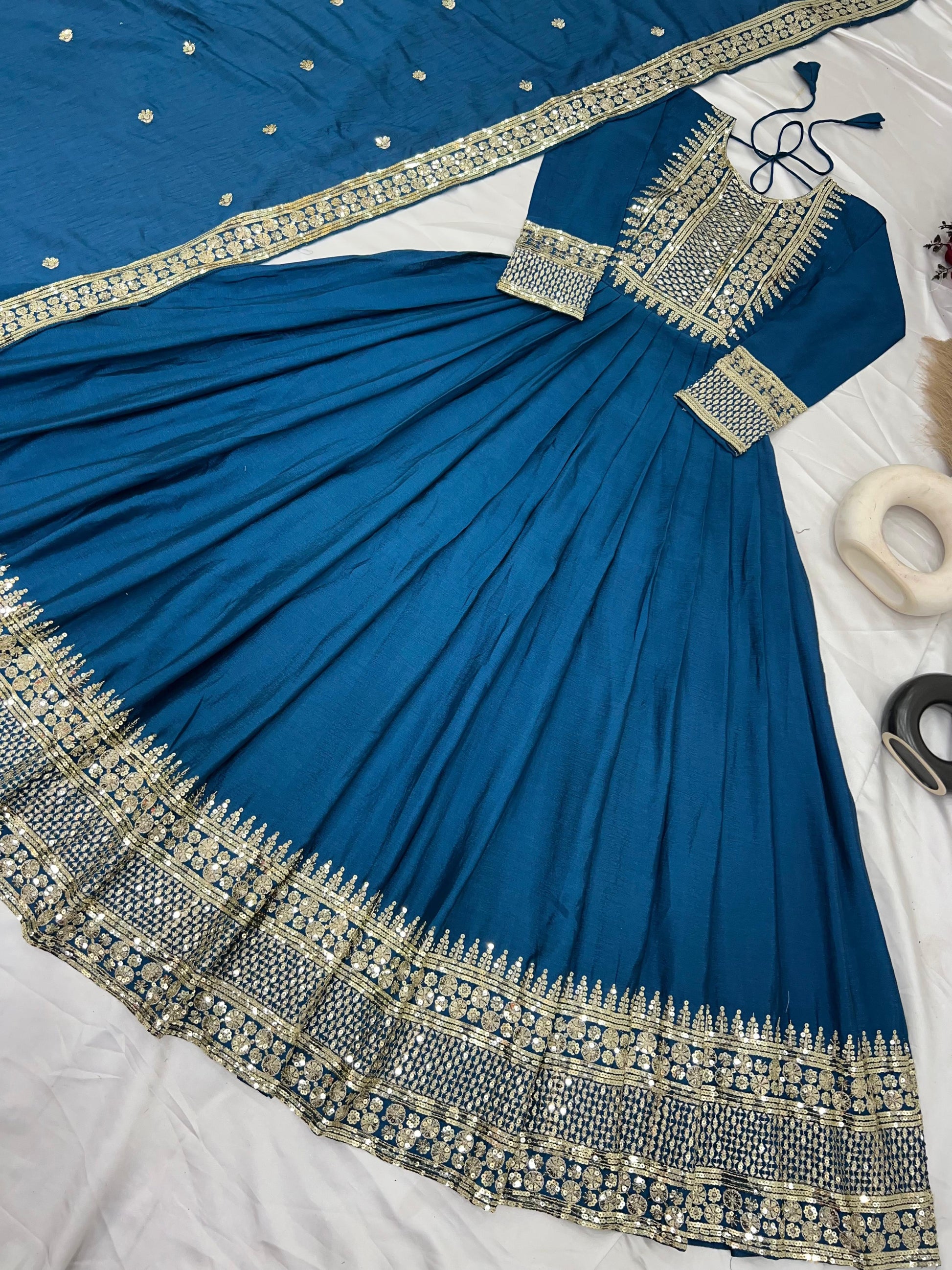 Divine Rama Chinon Silk Sequins Embroidered Gown With Dupatta - INDIAN ELEGANCE