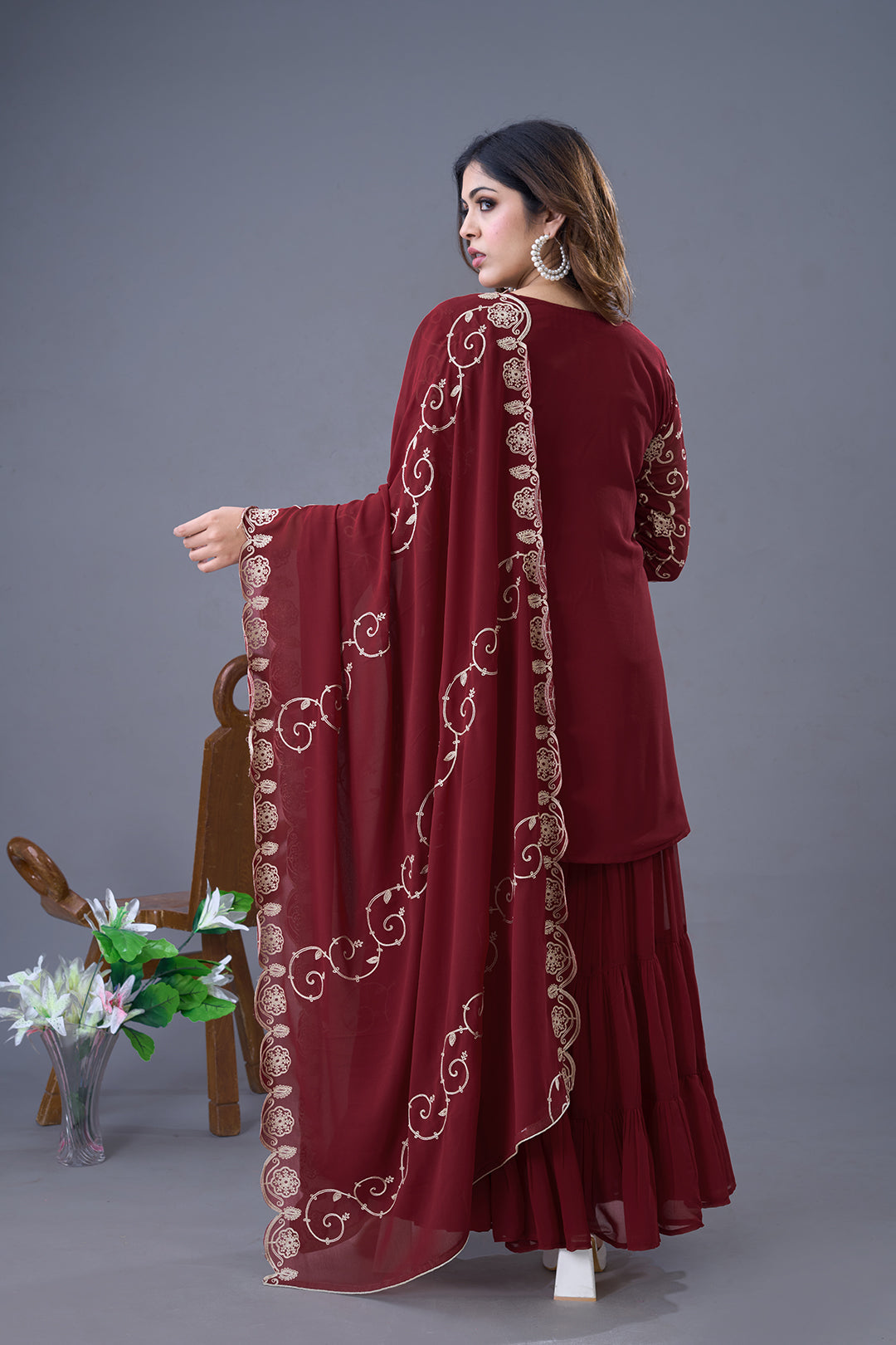 Enticing Georgette Embroidered Ruffle Top Sharara Suit