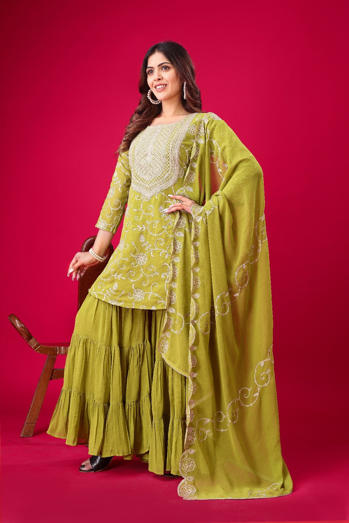 Enticing Georgette Embroidered Ruffle Top Sharara Suit