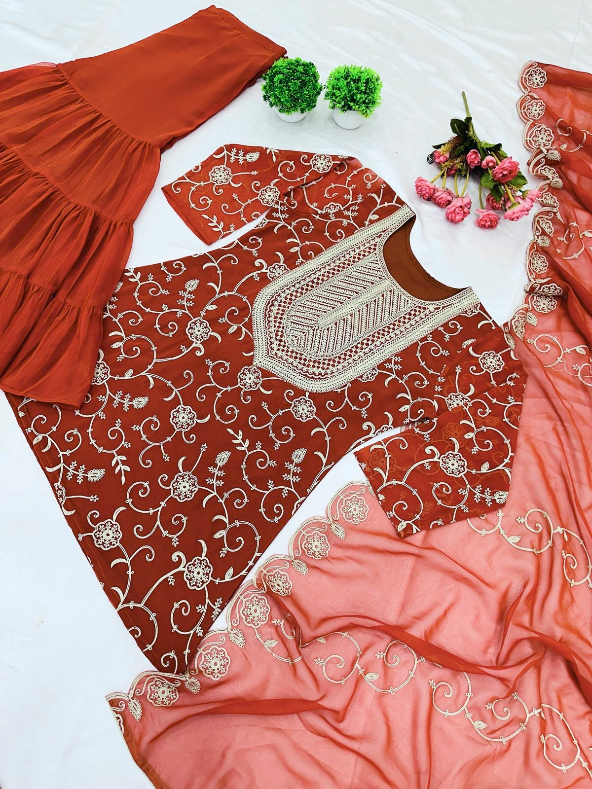 Enticing Georgette Embroidered Ruffle Top Sharara Suit