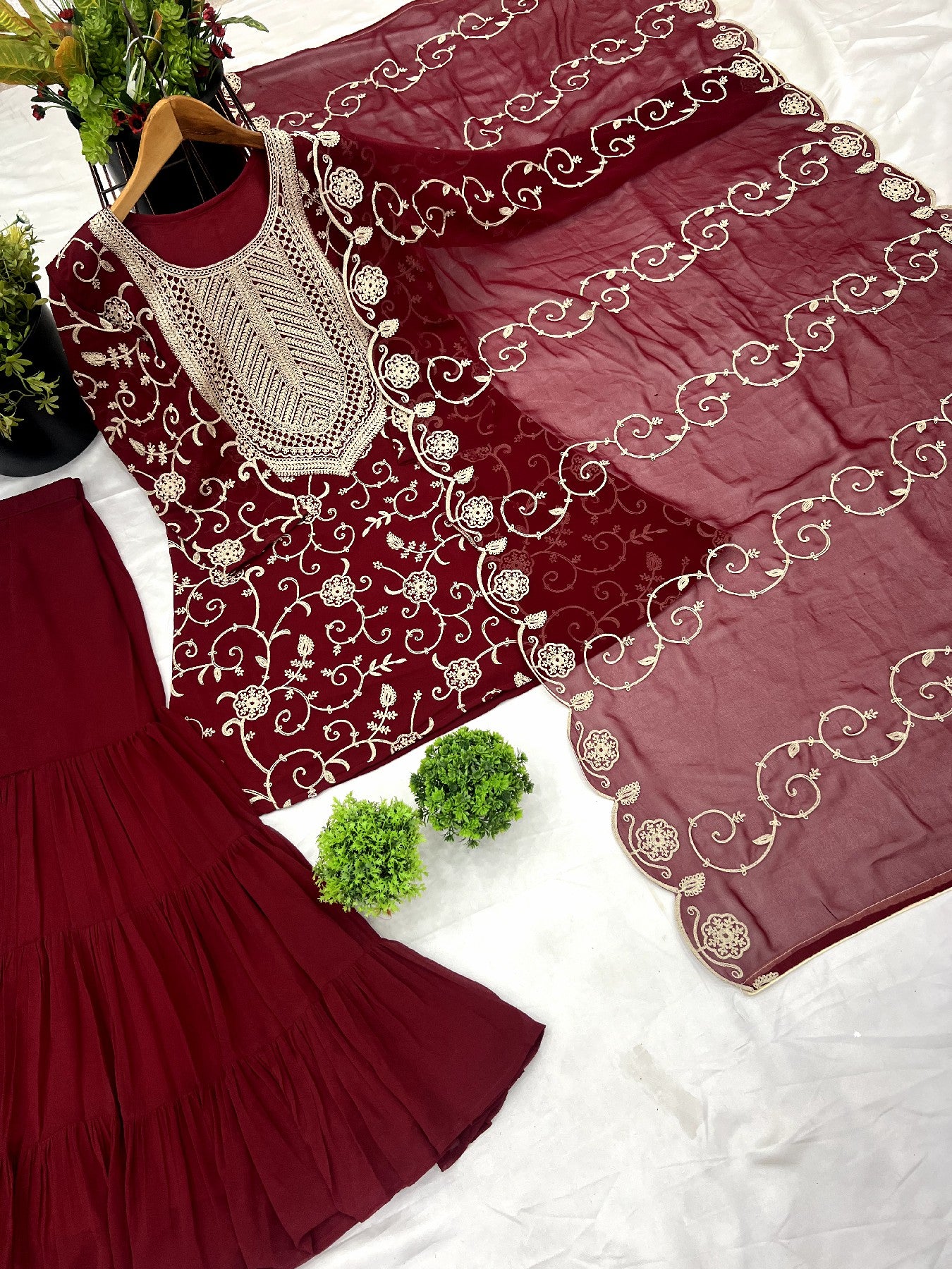 Enticing Georgette Embroidered Ruffle Top Sharara Suit