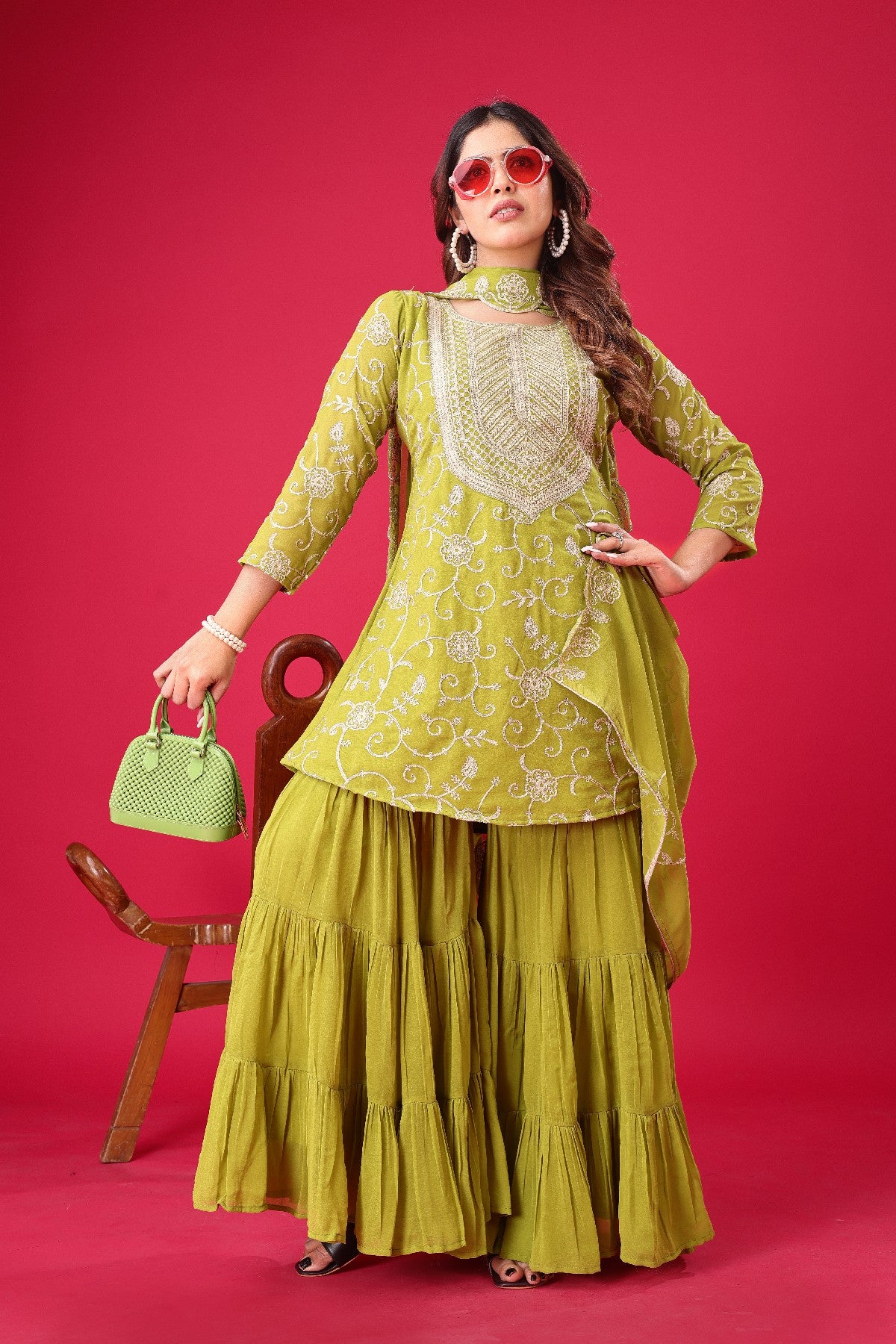 Enticing Georgette Embroidered Ruffle Top Sharara Suit