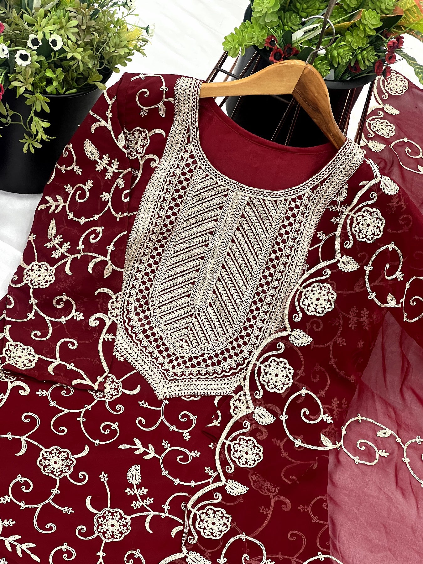 Enticing Georgette Embroidered Ruffle Top Sharara Suit