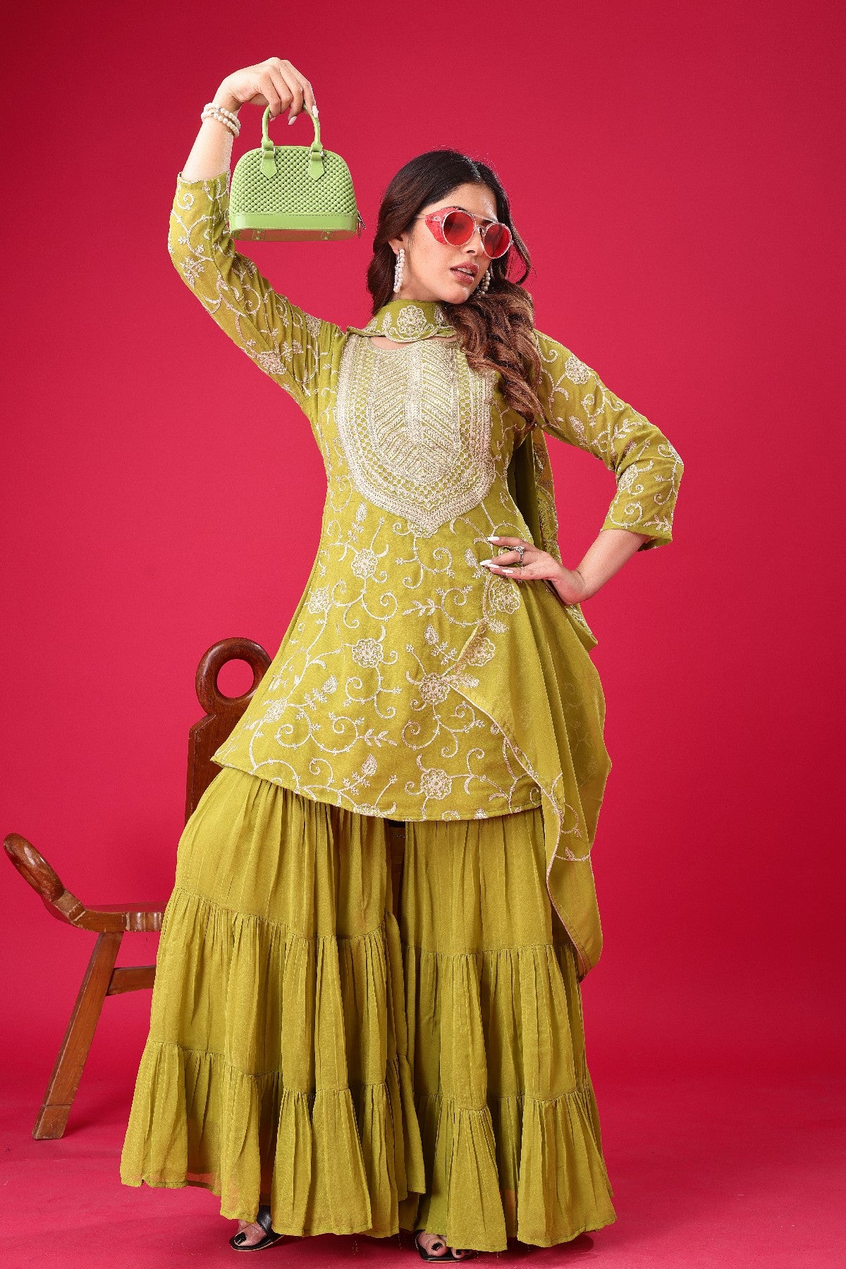 Enticing Georgette Embroidered Ruffle Top Sharara Suit