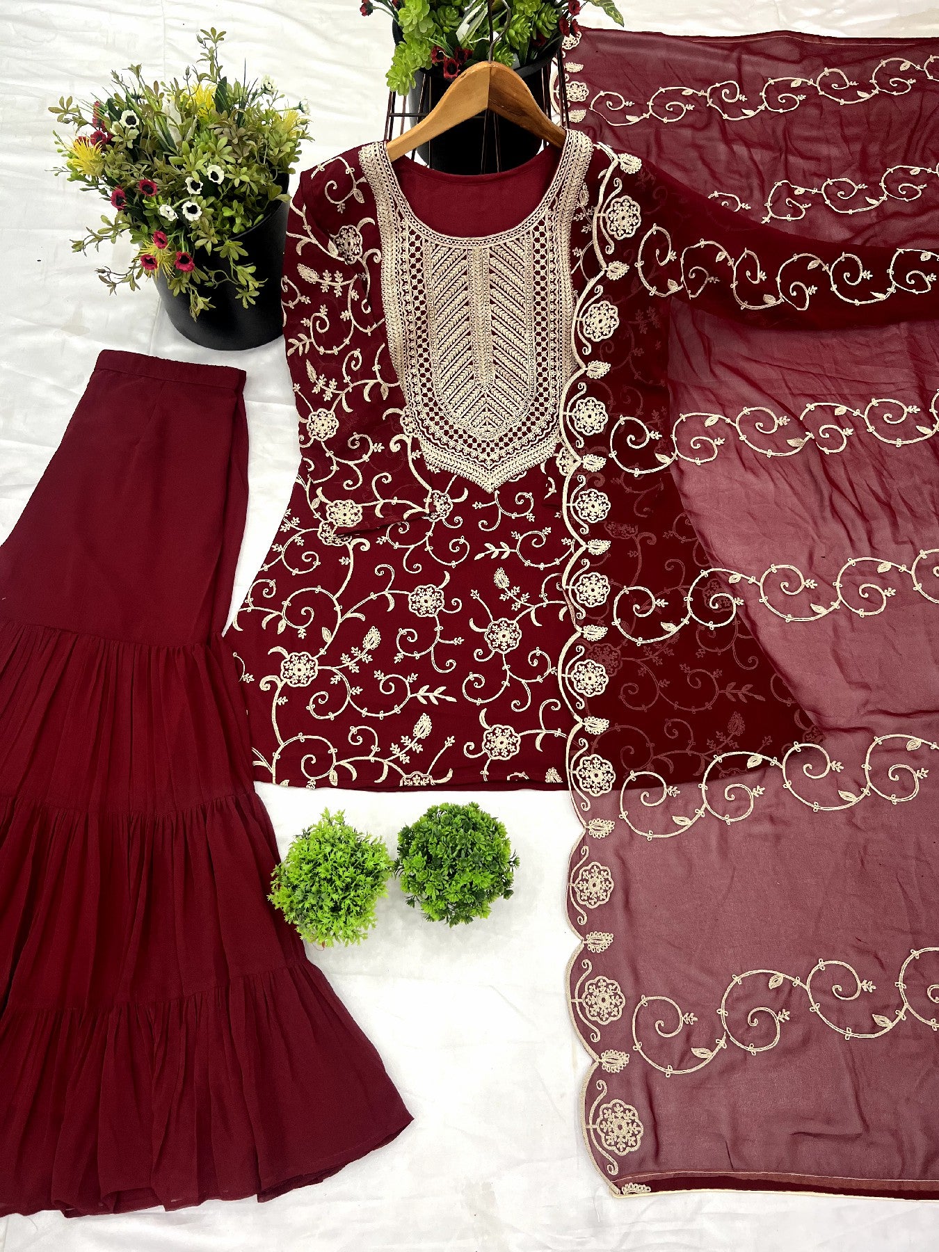 Enticing Georgette Embroidered Ruffle Top Sharara Suit