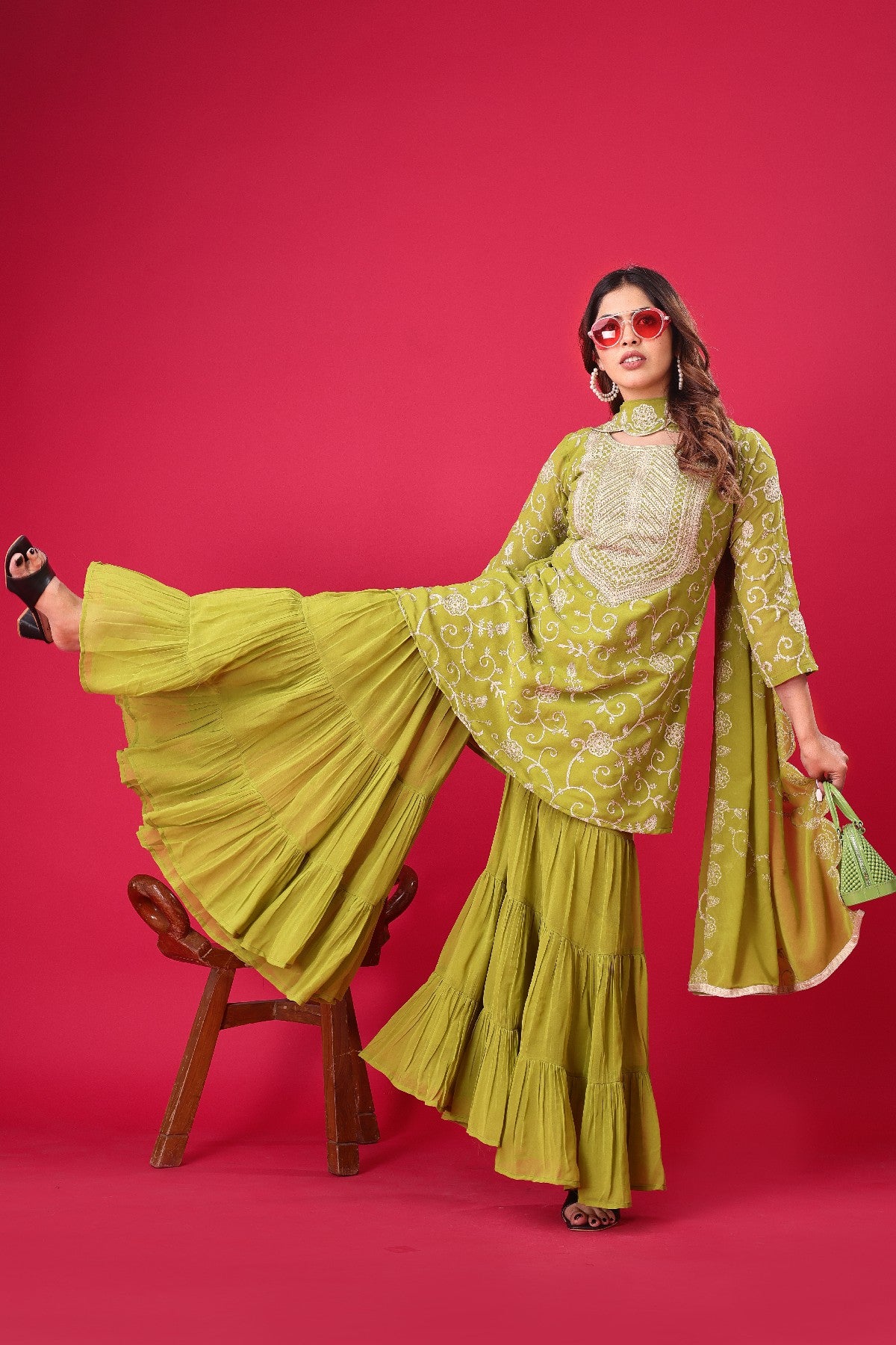 Enticing Georgette Embroidered Ruffle Top Sharara Suit