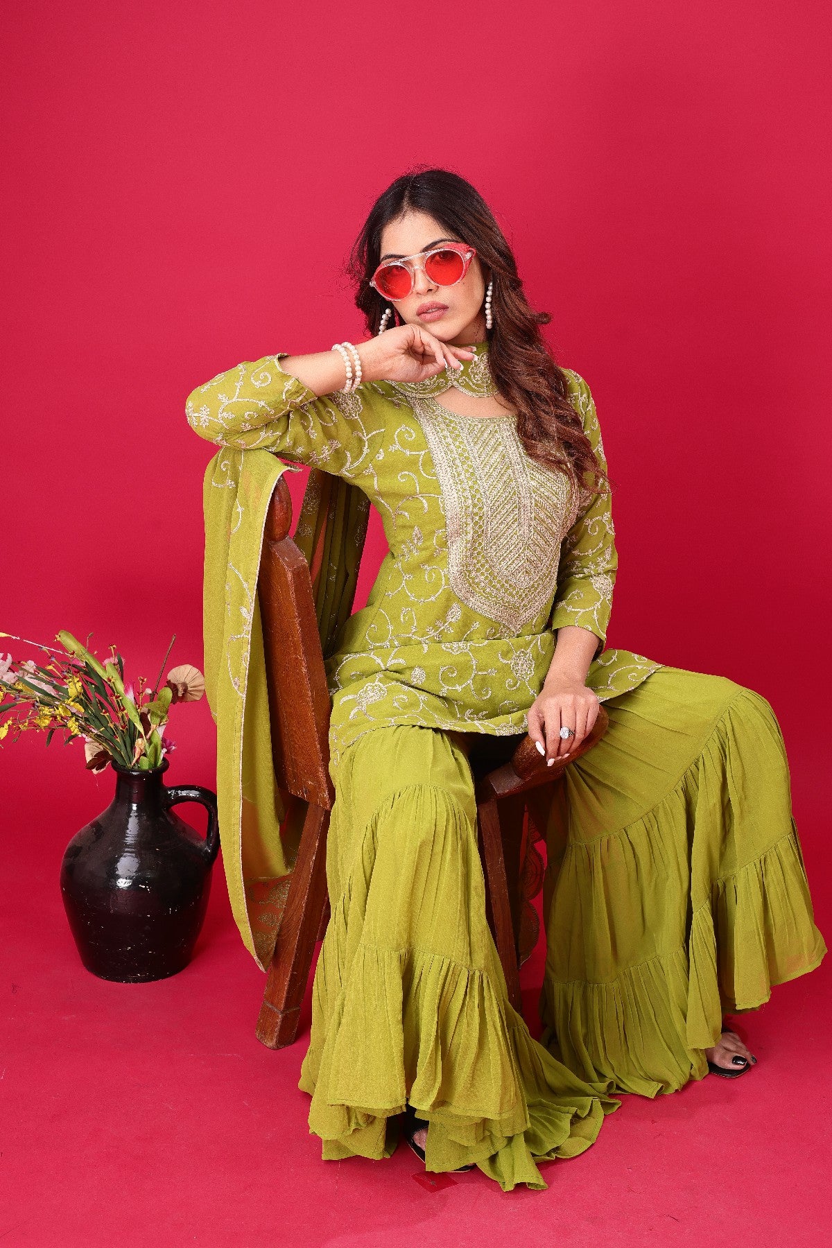 Enticing Georgette Embroidered Ruffle Top Sharara Suit